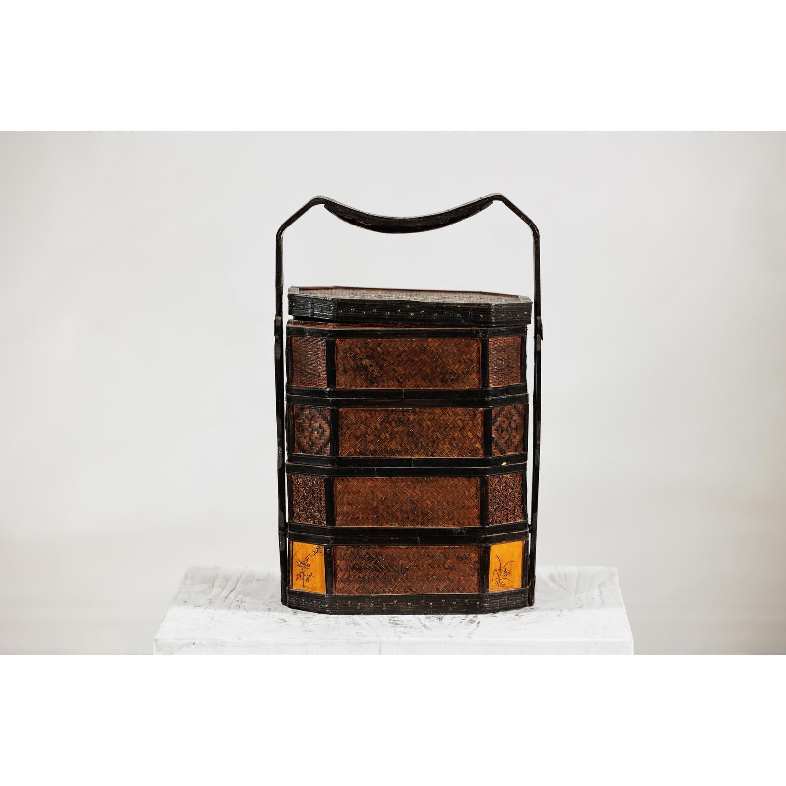 Hexagonal Four-Tier Woven Bamboo Basket with Carved Handle - image 8