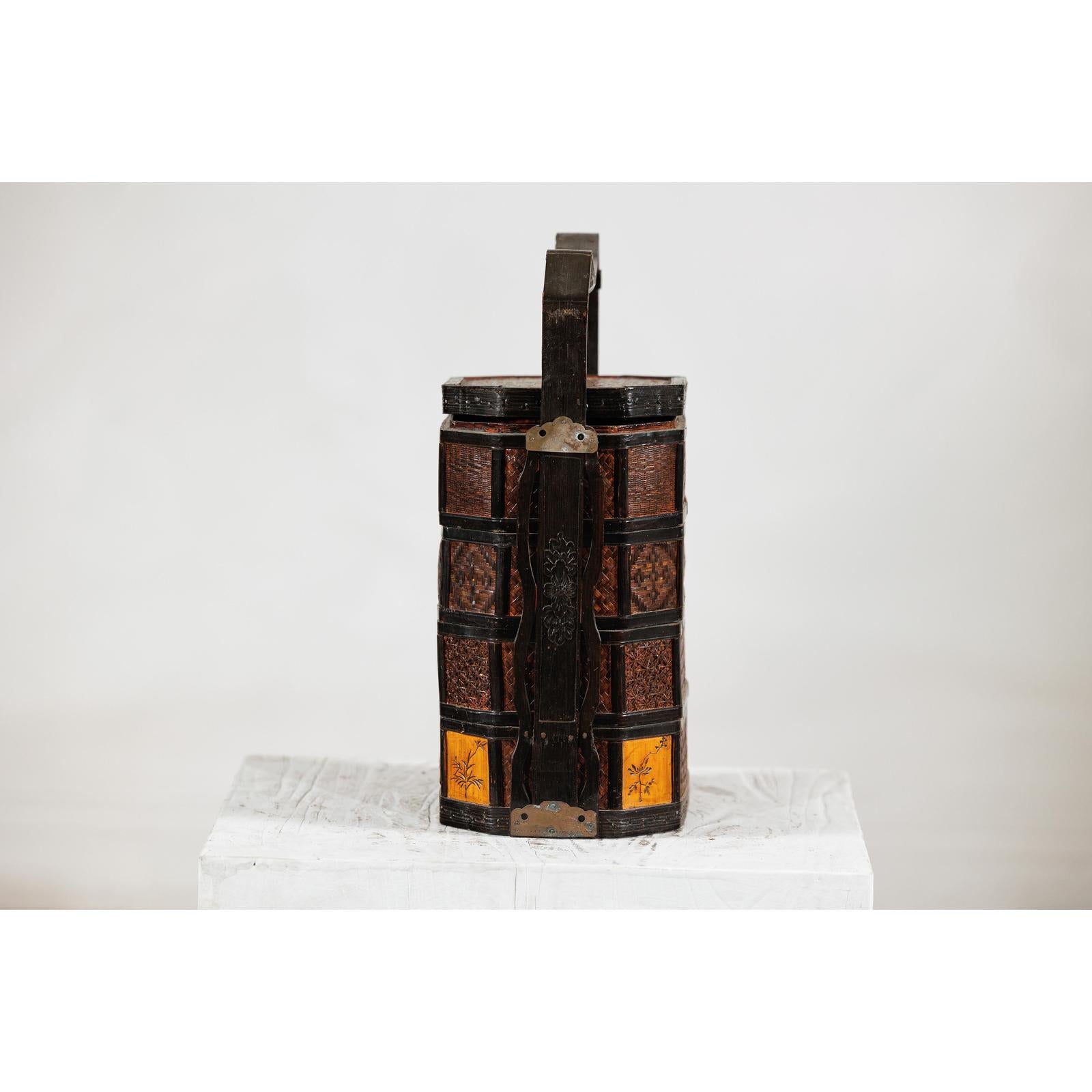 Hexagonal Four-Tier Woven Bamboo Basket with Carved Handle - image 9