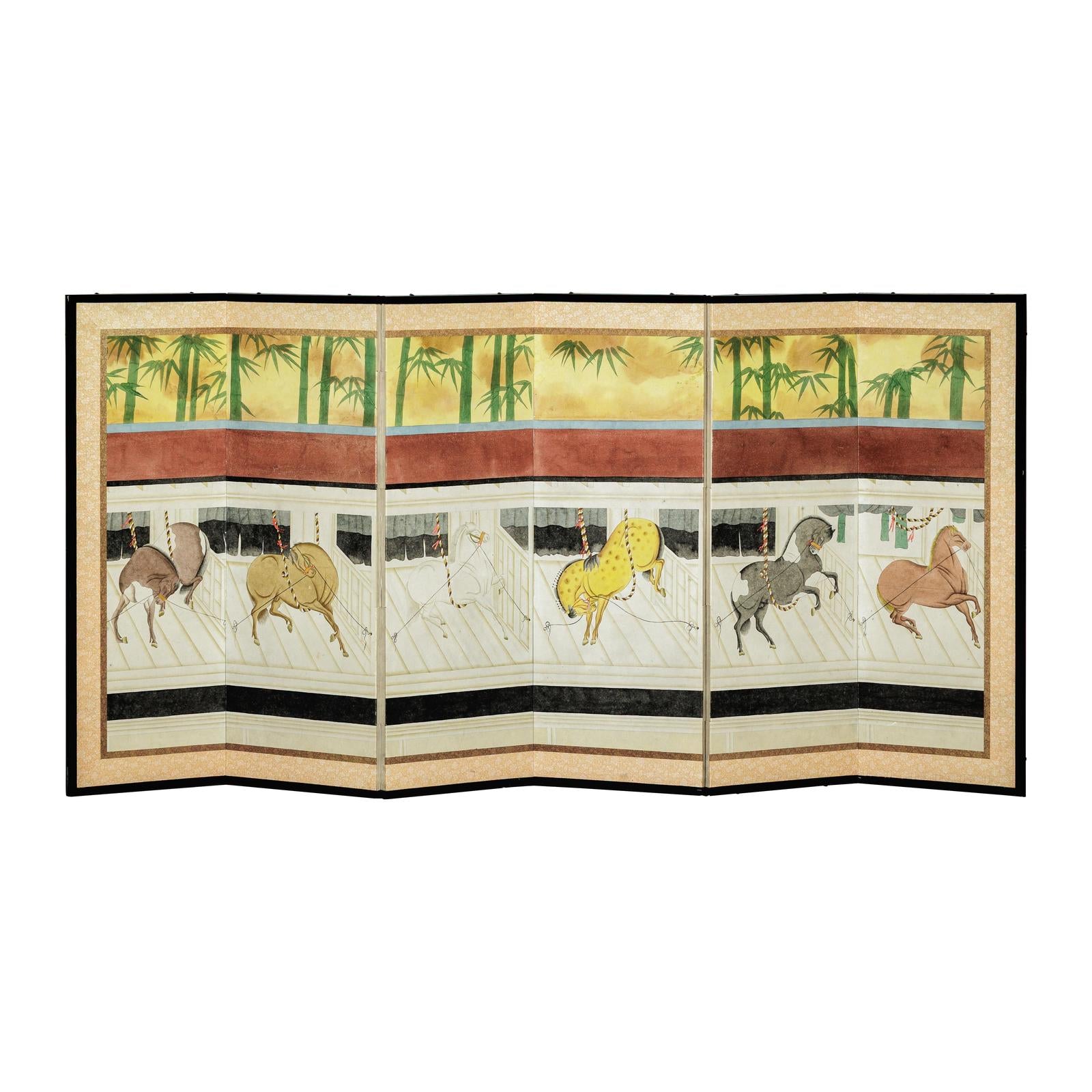 Inspired Six-Panel Screen with Horses in Stable with Bamboo-1. Asian & Chinese Furniture, Art, Antiques, Vintage Home Décor for sale at FEA Home