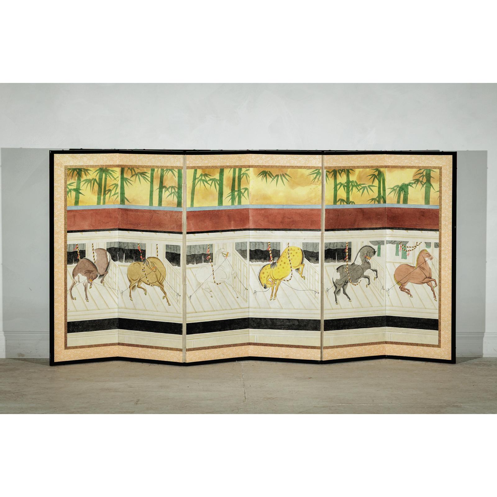 Inspired Six-Panel Screen with Horses in Stable with Bamboo-2. Asian & Chinese Furniture, Art, Antiques, Vintage Home Décor for sale at FEA Home