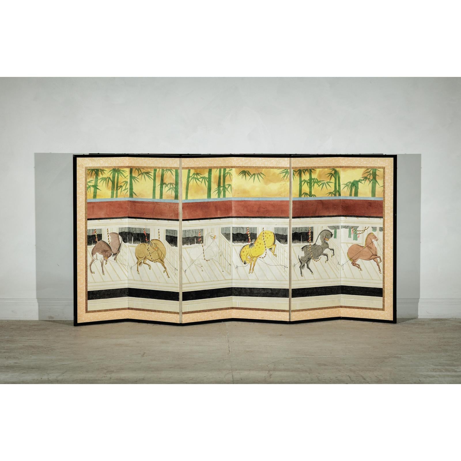 Inspired Six-Panel Screen with Horses in Stable with Bamboo-3. Asian &amp; Chinese Furniture, Art, Antiques, Vintage Home Décor for sale at FEA Home