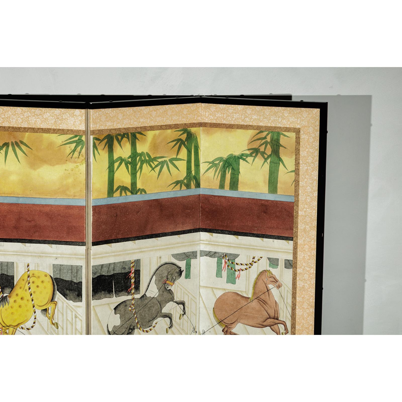 Inspired Six-Panel Screen with Horses in Stable with Bamboo-9. Asian &amp; Chinese Furniture, Art, Antiques, Vintage Home Décor for sale at FEA Home