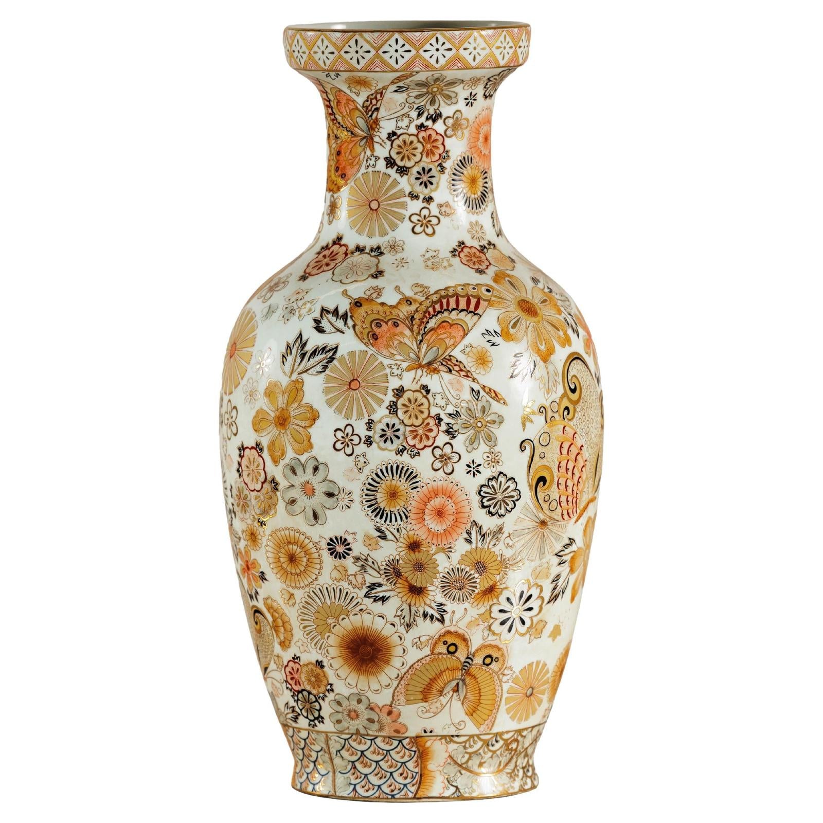 Kutani Style Ceramic Vase with Hand-Painted Butterflies and Floral Motifs-1. Asian & Chinese Furniture, Art, Antiques, Vintage Home Décor for sale at FEA Home