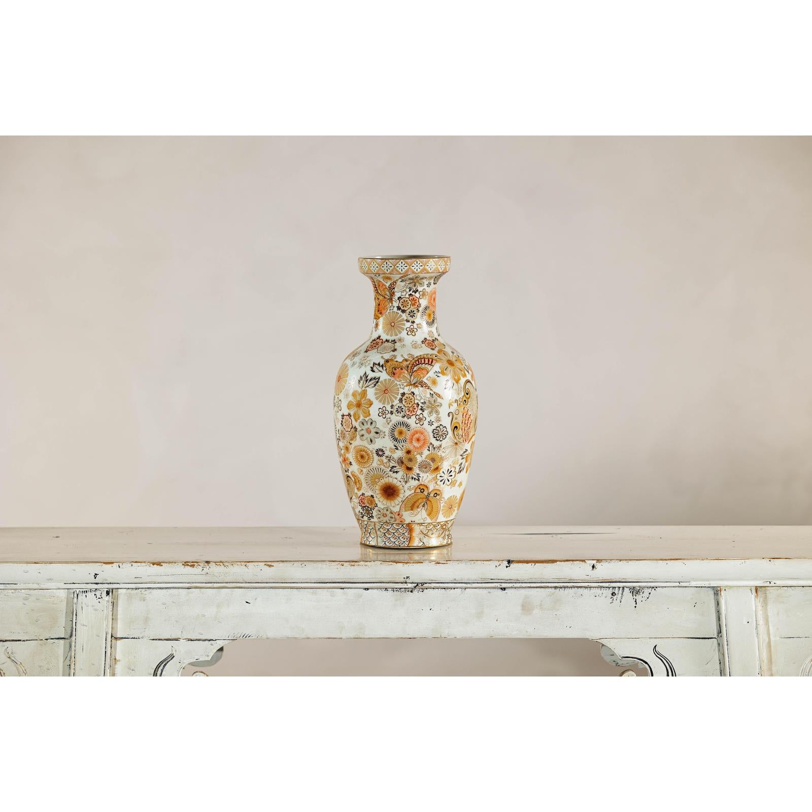 Kutani Style Ceramic Vase with Hand-Painted Butterflies and Floral Motifs-12. Asian &amp; Chinese Furniture, Art, Antiques, Vintage Home Décor for sale at FEA Home