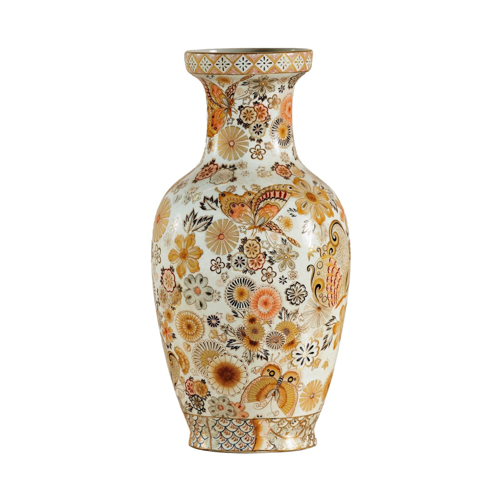 Kutani Style Ceramic Vase with Hand-Painted Butterflies and Floral Motifs-13. Asian &amp; Chinese Furniture, Art, Antiques, Vintage Home Décor for sale at FEA Home