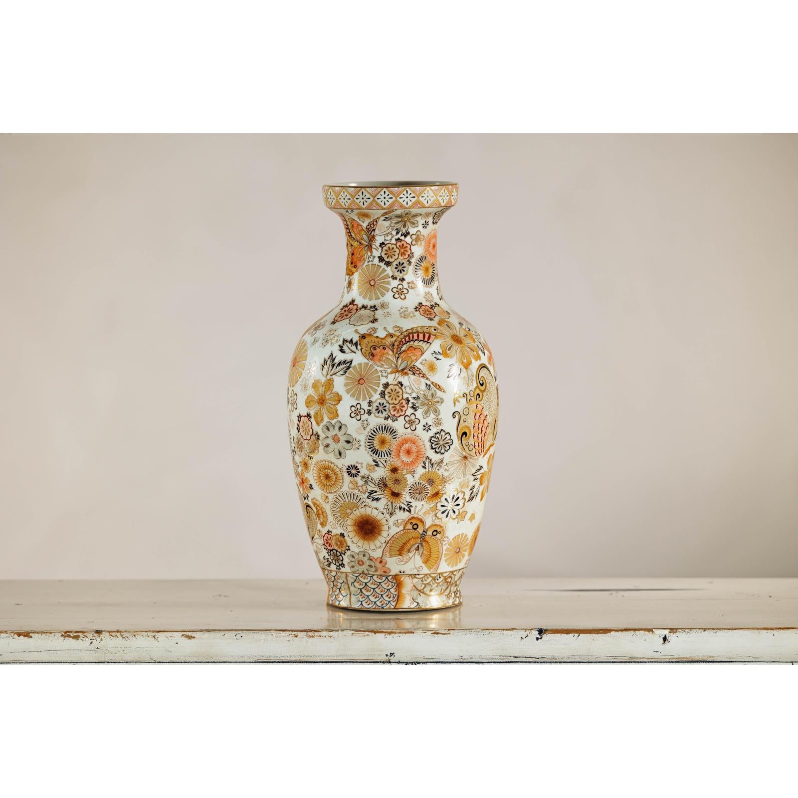 Kutani Style Ceramic Vase with Hand-Painted Butterflies and Floral Motifs-3. Asian &amp; Chinese Furniture, Art, Antiques, Vintage Home Décor for sale at FEA Home