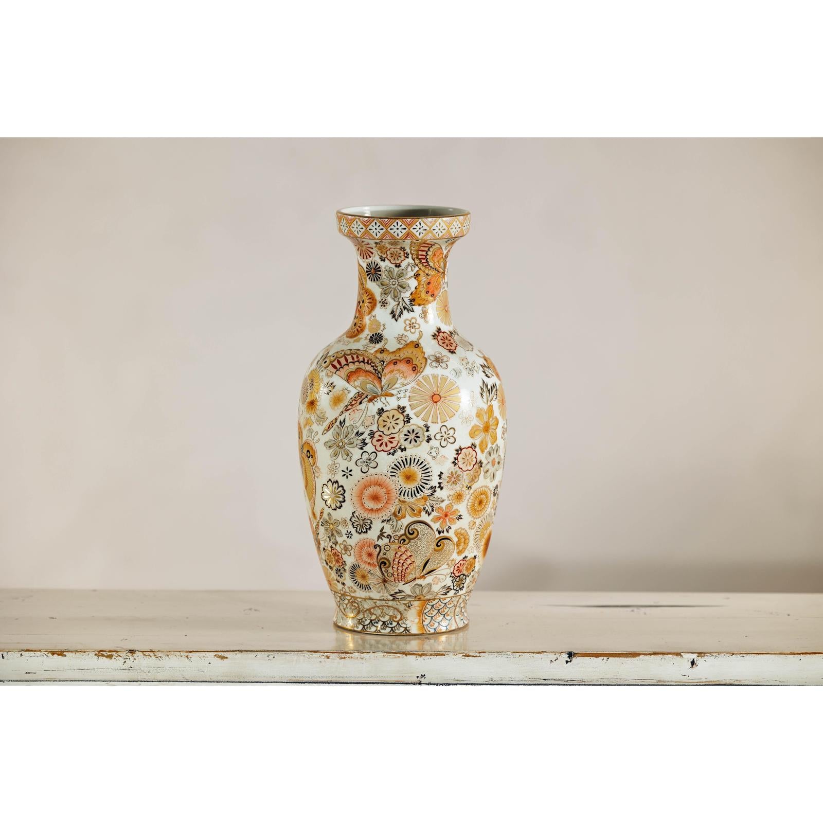 Kutani Style Ceramic Vase with Hand-Painted Butterflies and Floral Motifs-7. Asian &amp; Chinese Furniture, Art, Antiques, Vintage Home Décor for sale at FEA Home