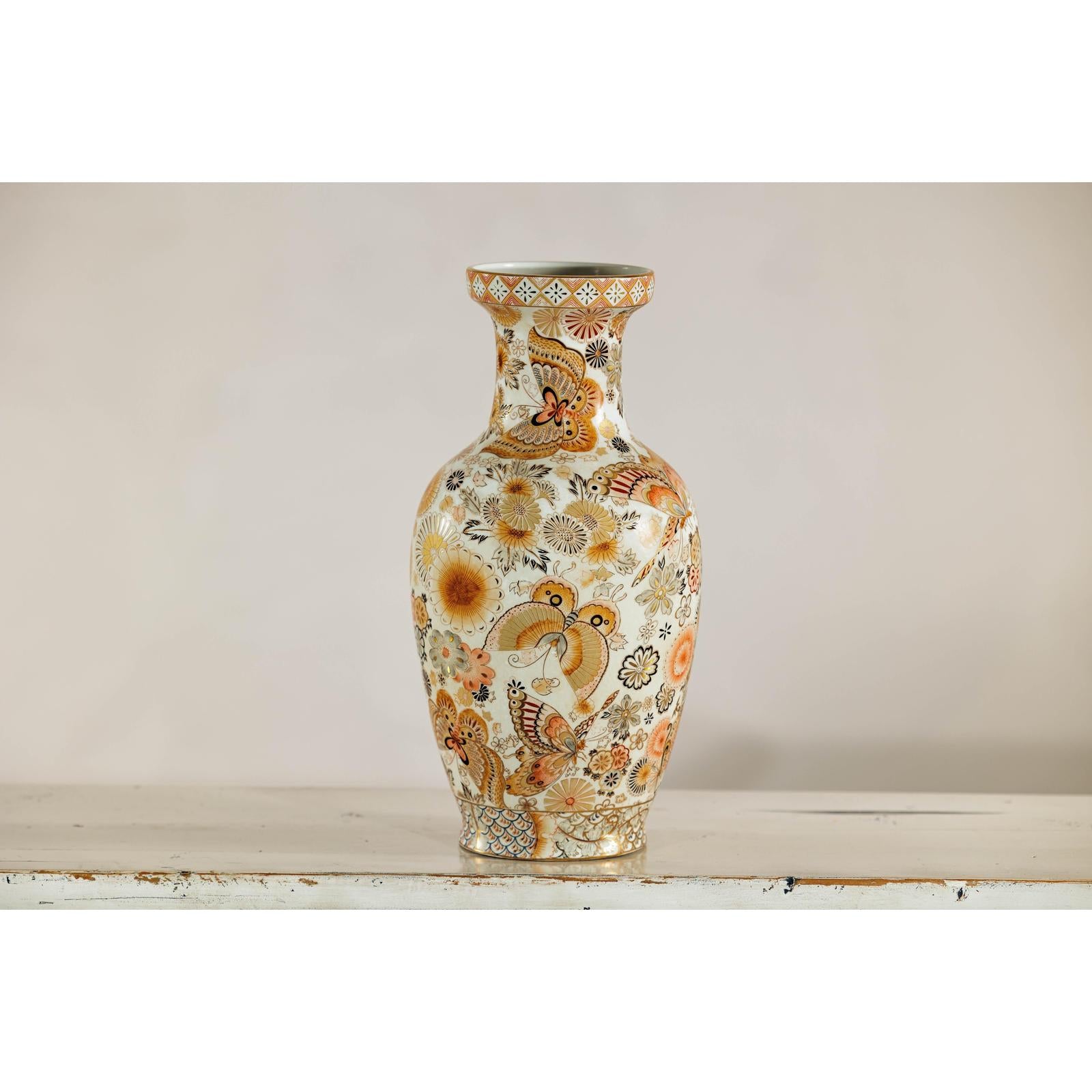 Kutani Style Ceramic Vase with Hand-Painted Butterflies and Floral Motifs-8. Asian &amp; Chinese Furniture, Art, Antiques, Vintage Home Décor for sale at FEA Home