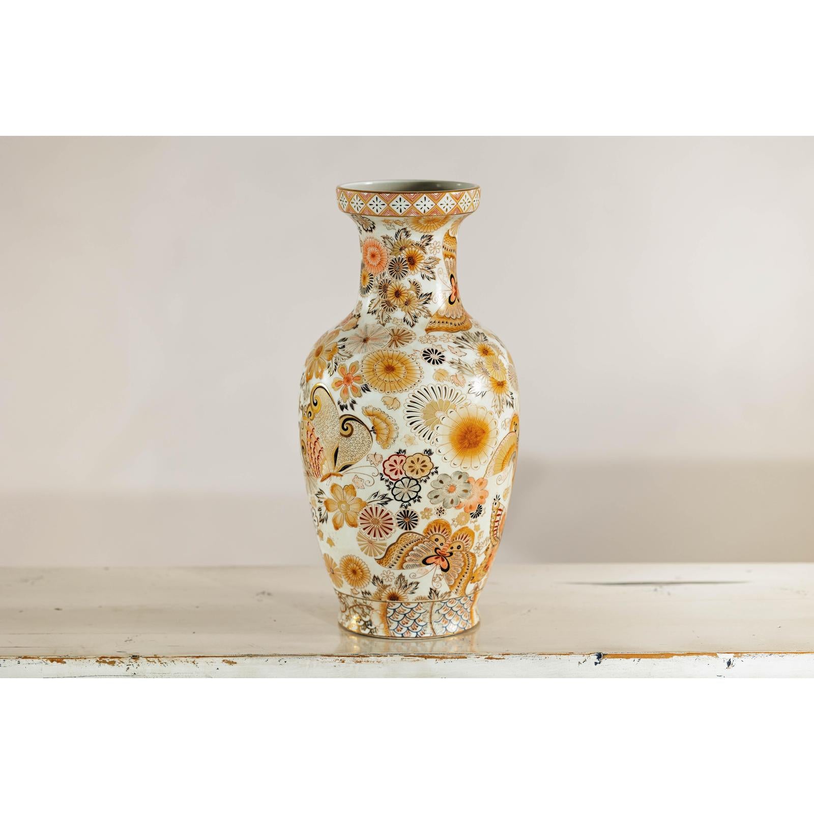 Kutani Style Ceramic Vase with Hand-Painted Butterflies and Floral Motifs-9. Asian &amp; Chinese Furniture, Art, Antiques, Vintage Home Décor for sale at FEA Home