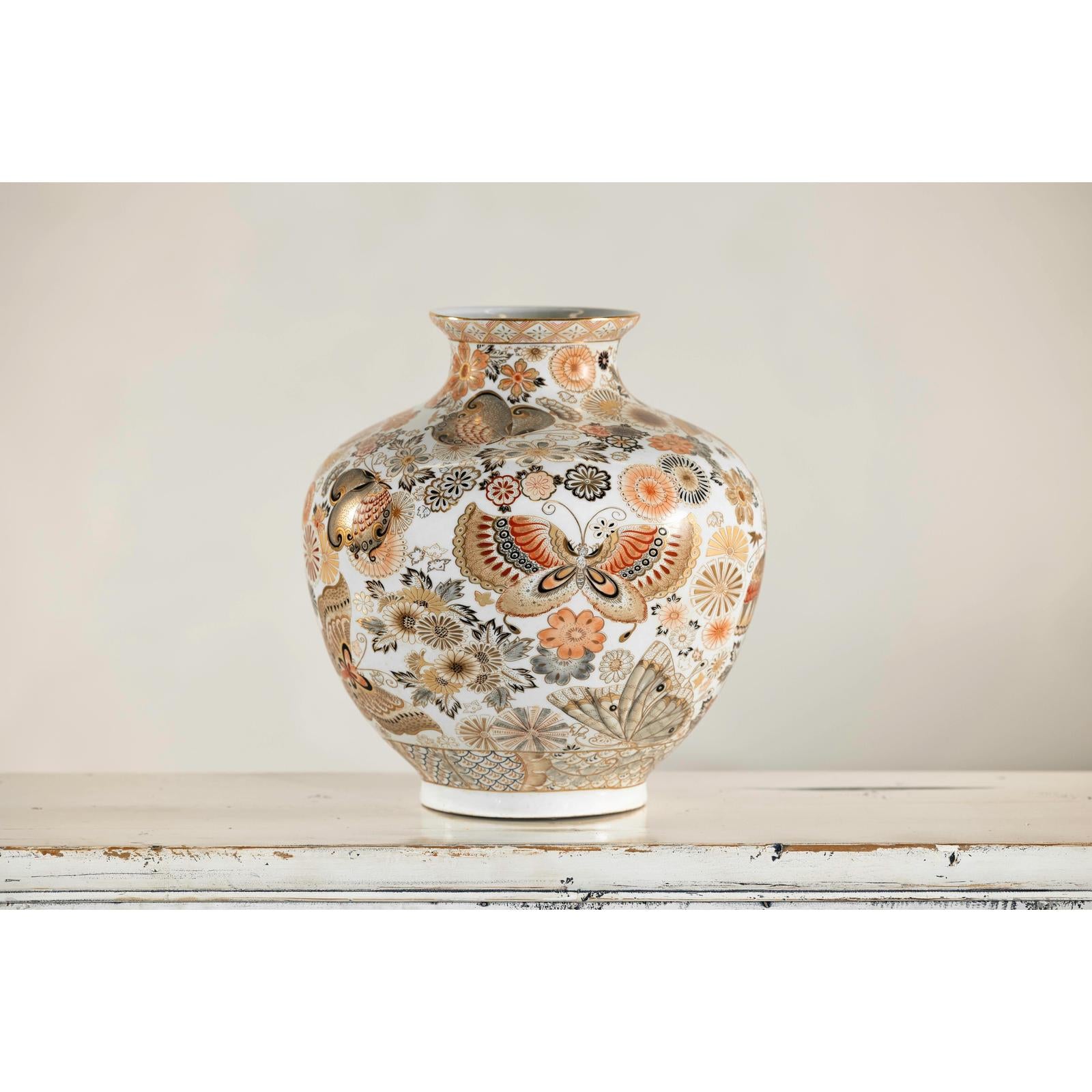 Kutani-Style Vase with Butterflies and Florals on White Ground-8. Asian &amp; Chinese Furniture, Art, Antiques, Vintage Home Décor for sale at FEA Home