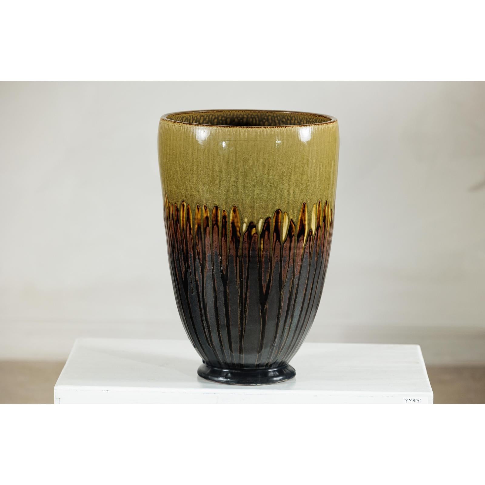 Large Artisan Ceramic Planter with Olive &amp; Brown Drip Glaze - image 11
