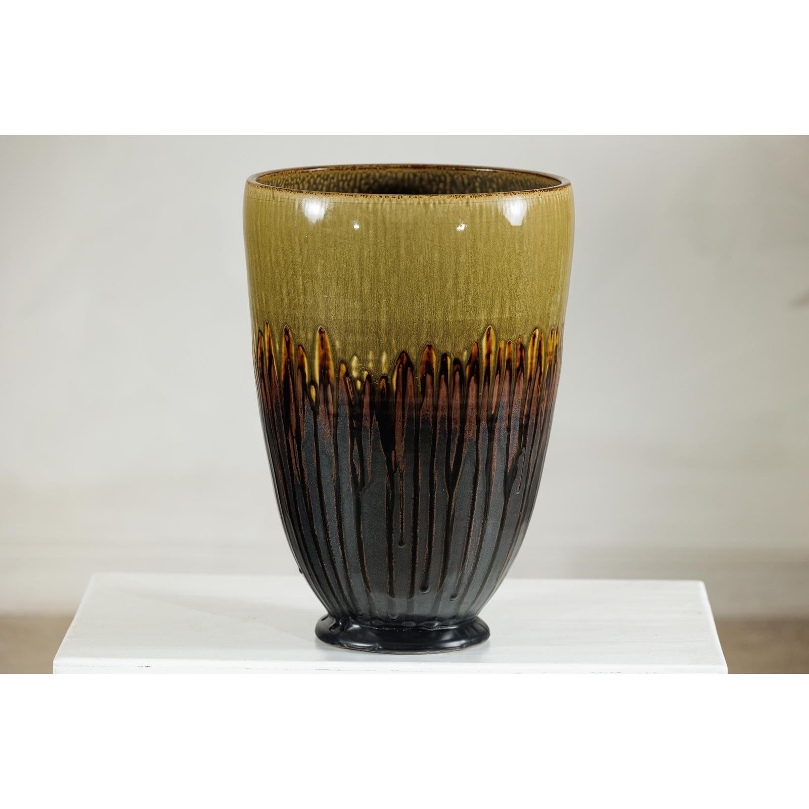Large Artisan Ceramic Planter with Olive &amp; Brown Drip Glaze - image 12