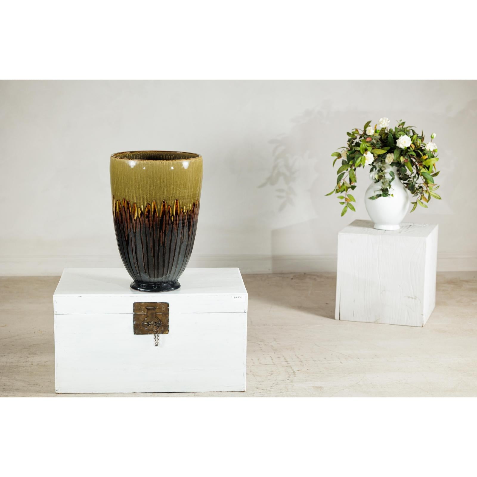Large Artisan Ceramic Planter with Olive &amp; Brown Drip Glaze - image 2