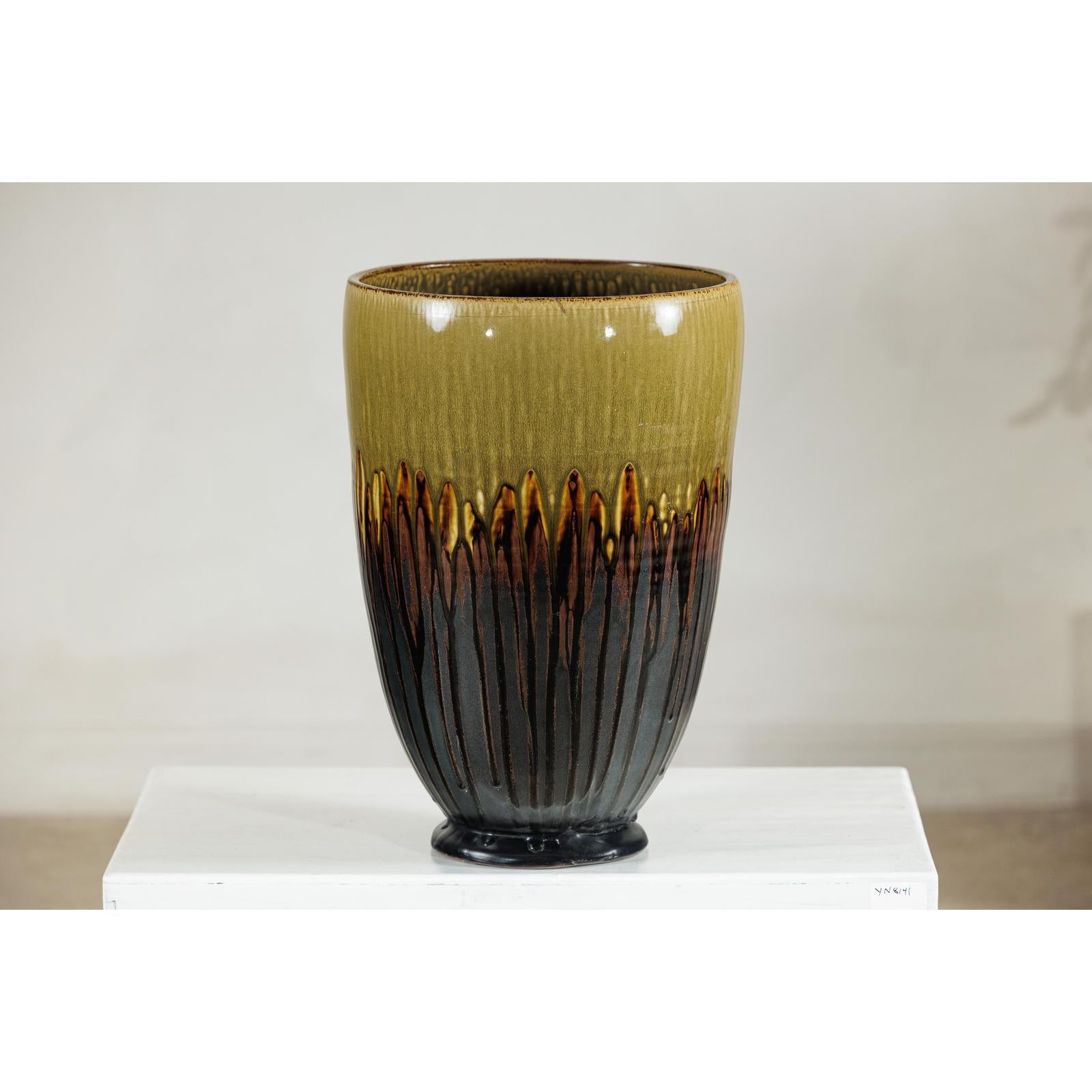 Large Artisan Ceramic Planter with Olive &amp; Brown Drip Glaze - image 3