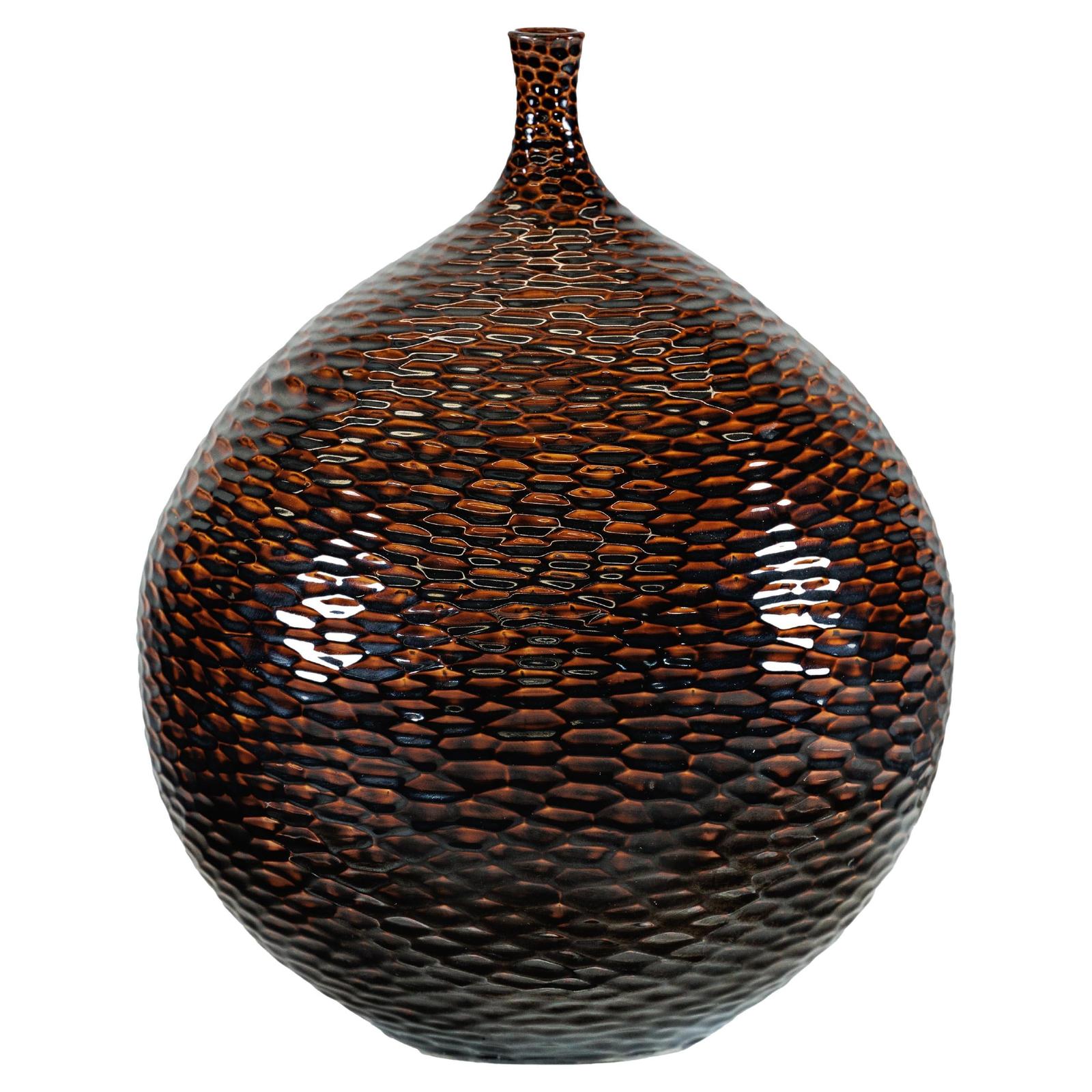 Large Artisan Ceramic Vase with Glossy Honeycomb Texture in Deep Brown Tones-1. Asian & Chinese Furniture, Art, Antiques, Vintage Home Décor for sale at FEA Home