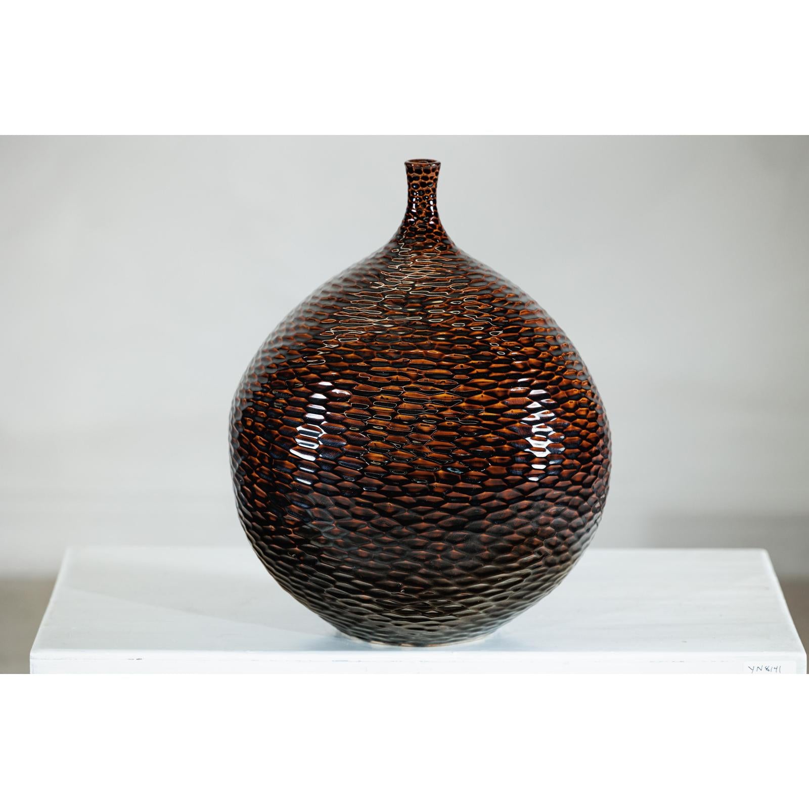 Large Artisan Ceramic Vase with Glossy Honeycomb Texture in Deep Brown Tones-10. Asian &amp; Chinese Furniture, Art, Antiques, Vintage Home Décor for sale at FEA Home