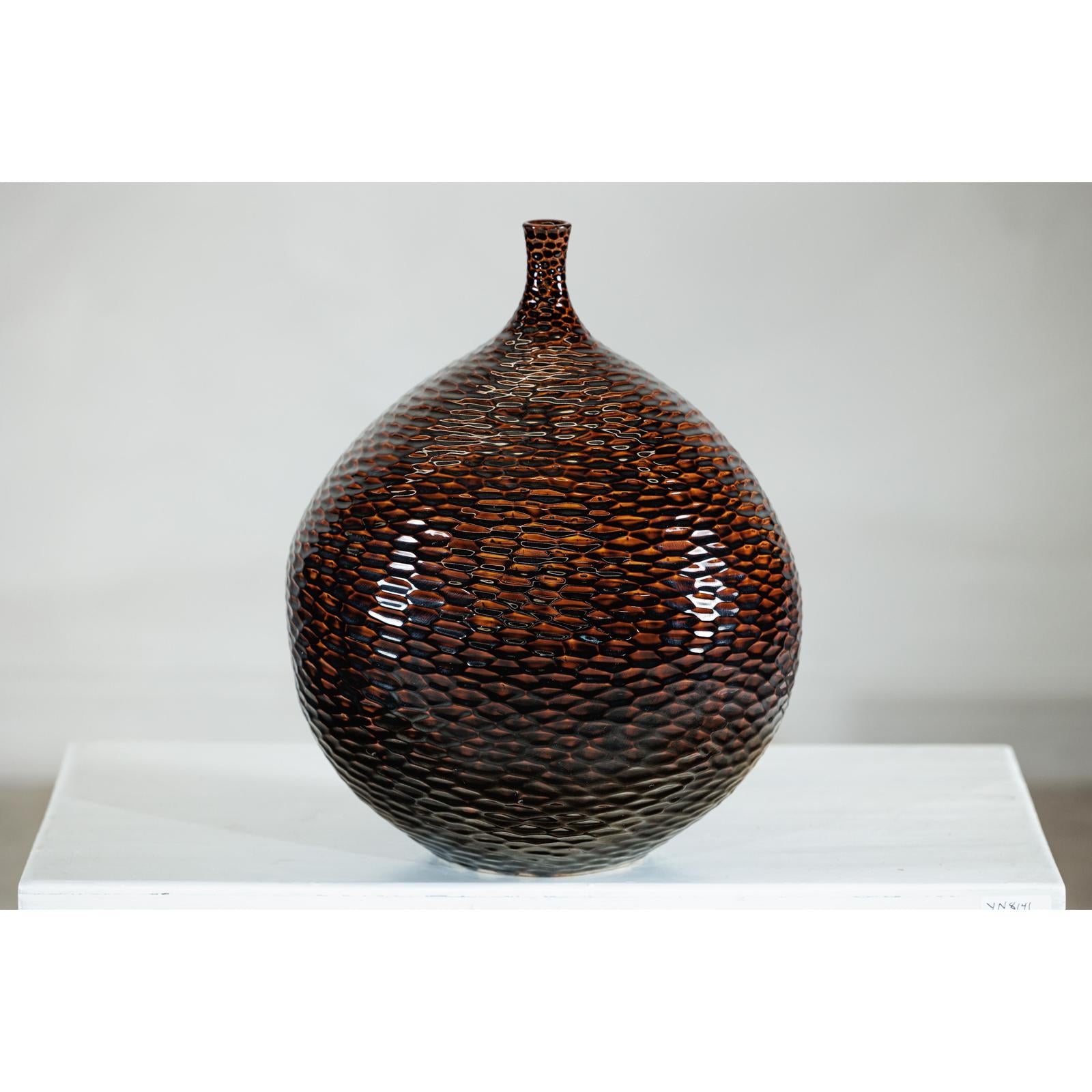 Large Artisan Ceramic Vase with Glossy Honeycomb Texture in Deep Brown Tones-11. Asian &amp; Chinese Furniture, Art, Antiques, Vintage Home Décor for sale at FEA Home