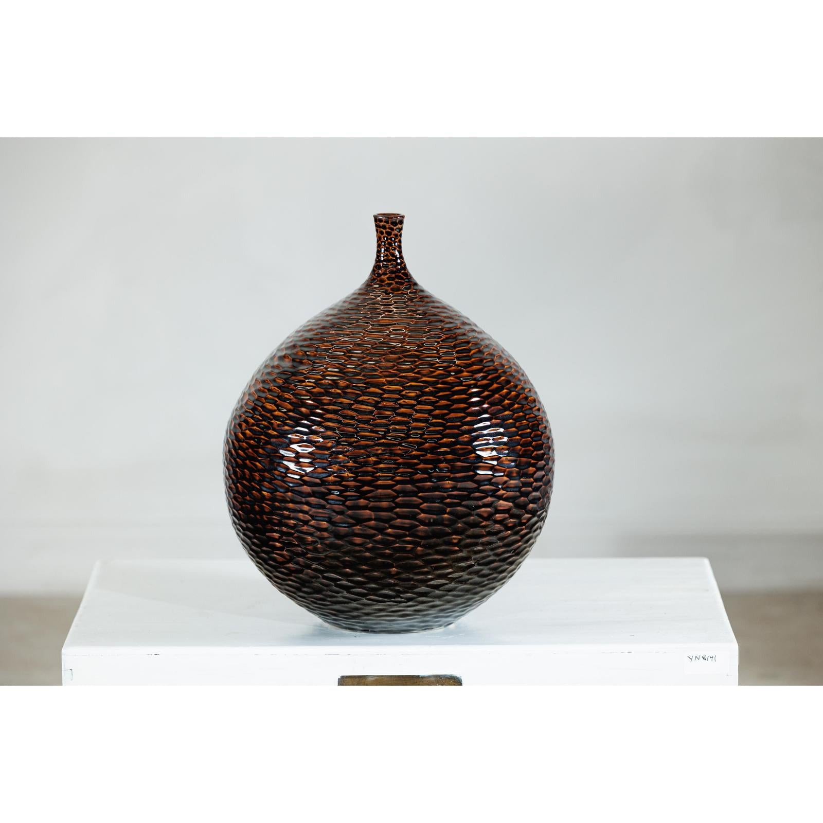 Large Artisan Ceramic Vase with Glossy Honeycomb Texture in Deep Brown Tones-13. Asian &amp; Chinese Furniture, Art, Antiques, Vintage Home Décor for sale at FEA Home