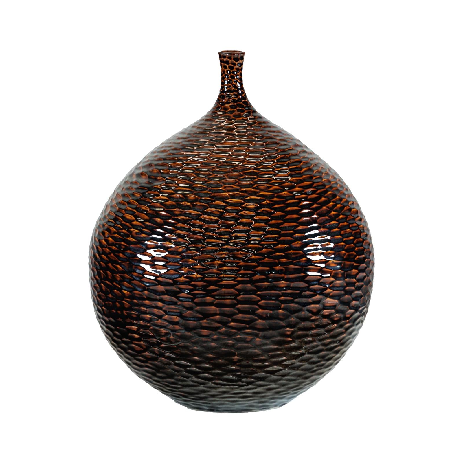 Large Artisan Ceramic Vase with Glossy Honeycomb Texture in Deep Brown Tones-14. Asian &amp; Chinese Furniture, Art, Antiques, Vintage Home Décor for sale at FEA Home