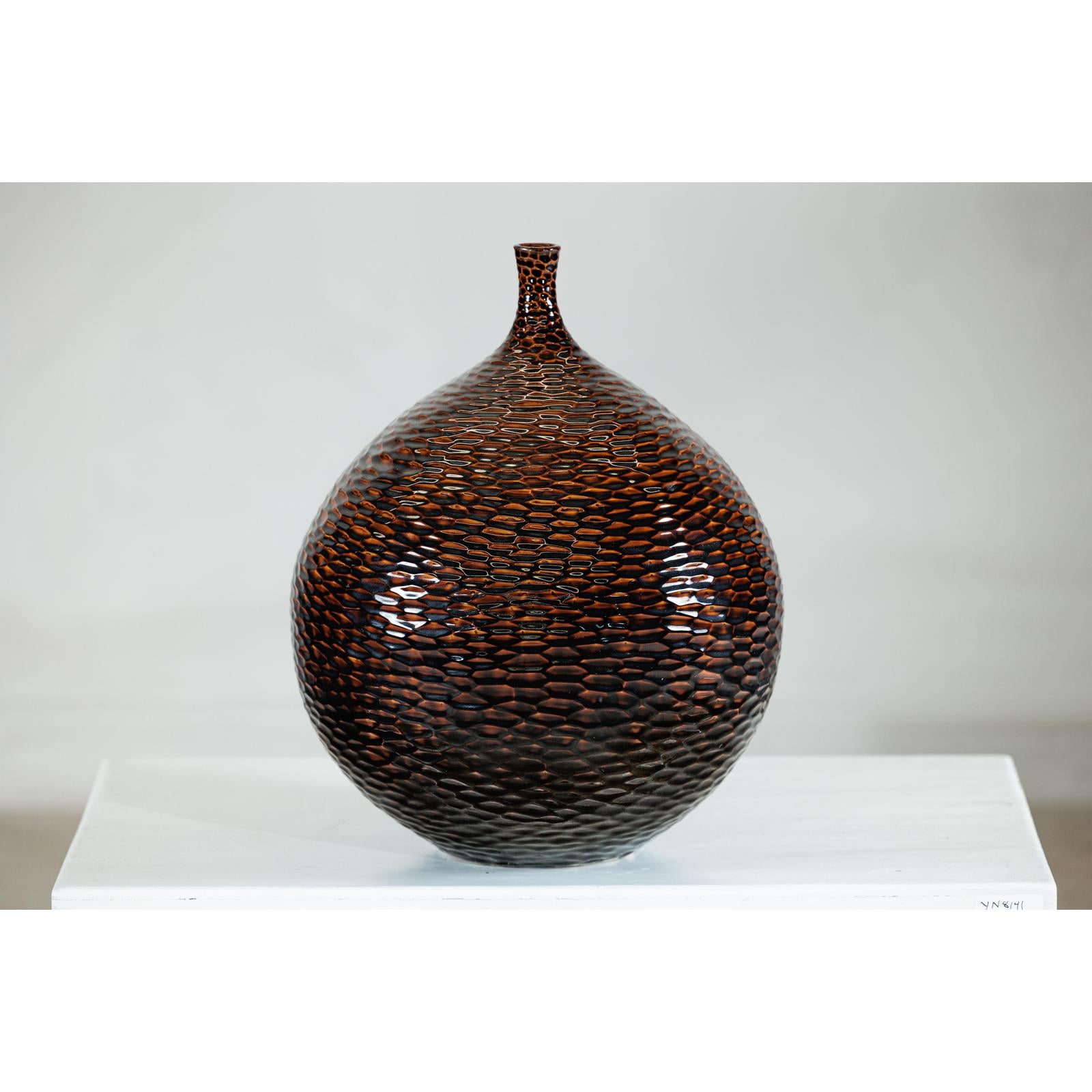 Large Artisan Ceramic Vase with Glossy Honeycomb Texture in Deep Brown Tones-2. Asian & Chinese Furniture, Art, Antiques, Vintage Home Décor for sale at FEA Home