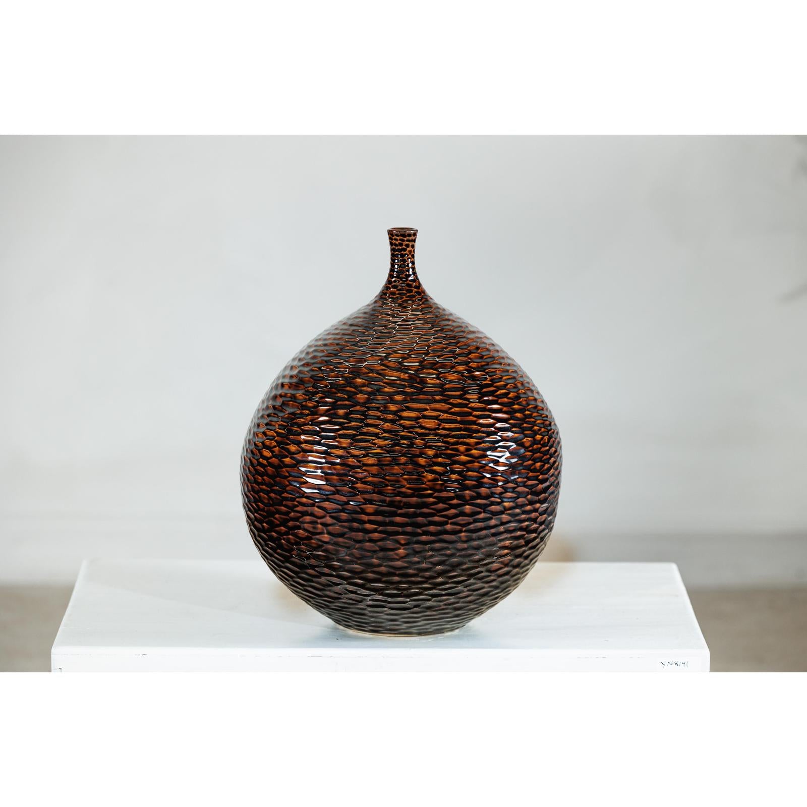 Large Artisan Ceramic Vase with Glossy Honeycomb Texture in Deep Brown Tones-8. Asian &amp; Chinese Furniture, Art, Antiques, Vintage Home Décor for sale at FEA Home