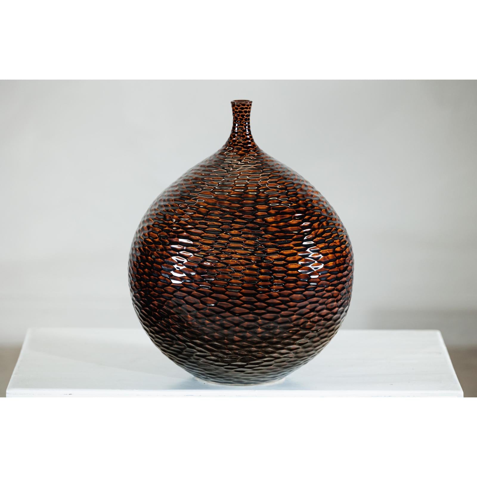Large Artisan Ceramic Vase with Glossy Honeycomb Texture in Deep Brown Tones-9. Asian &amp; Chinese Furniture, Art, Antiques, Vintage Home Décor for sale at FEA Home