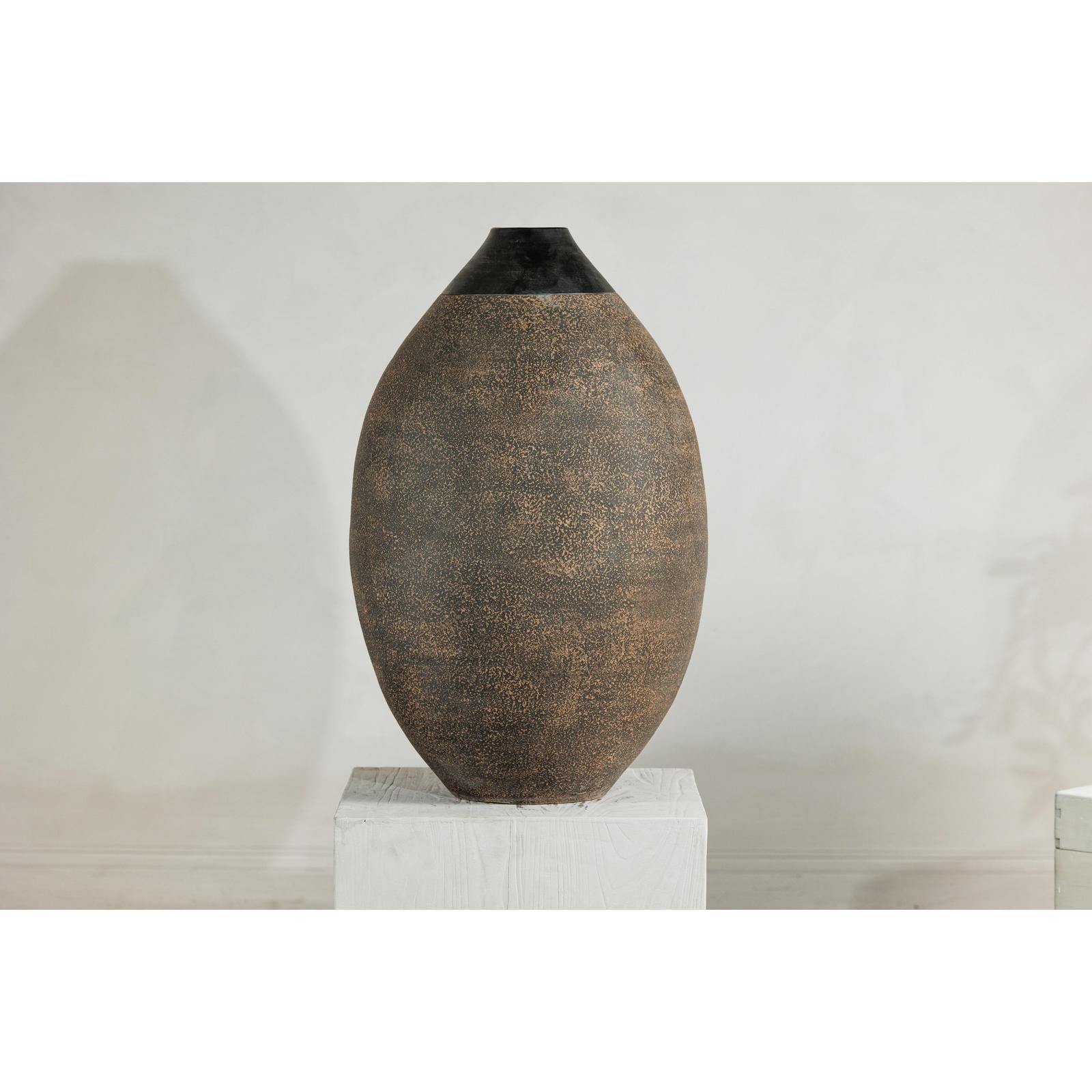Large Artisan Ceramic Vase with Matte Black Neck and Textured Brown Body-12. Asian &amp; Chinese Furniture, Art, Antiques, Vintage Home Décor for sale at FEA Home