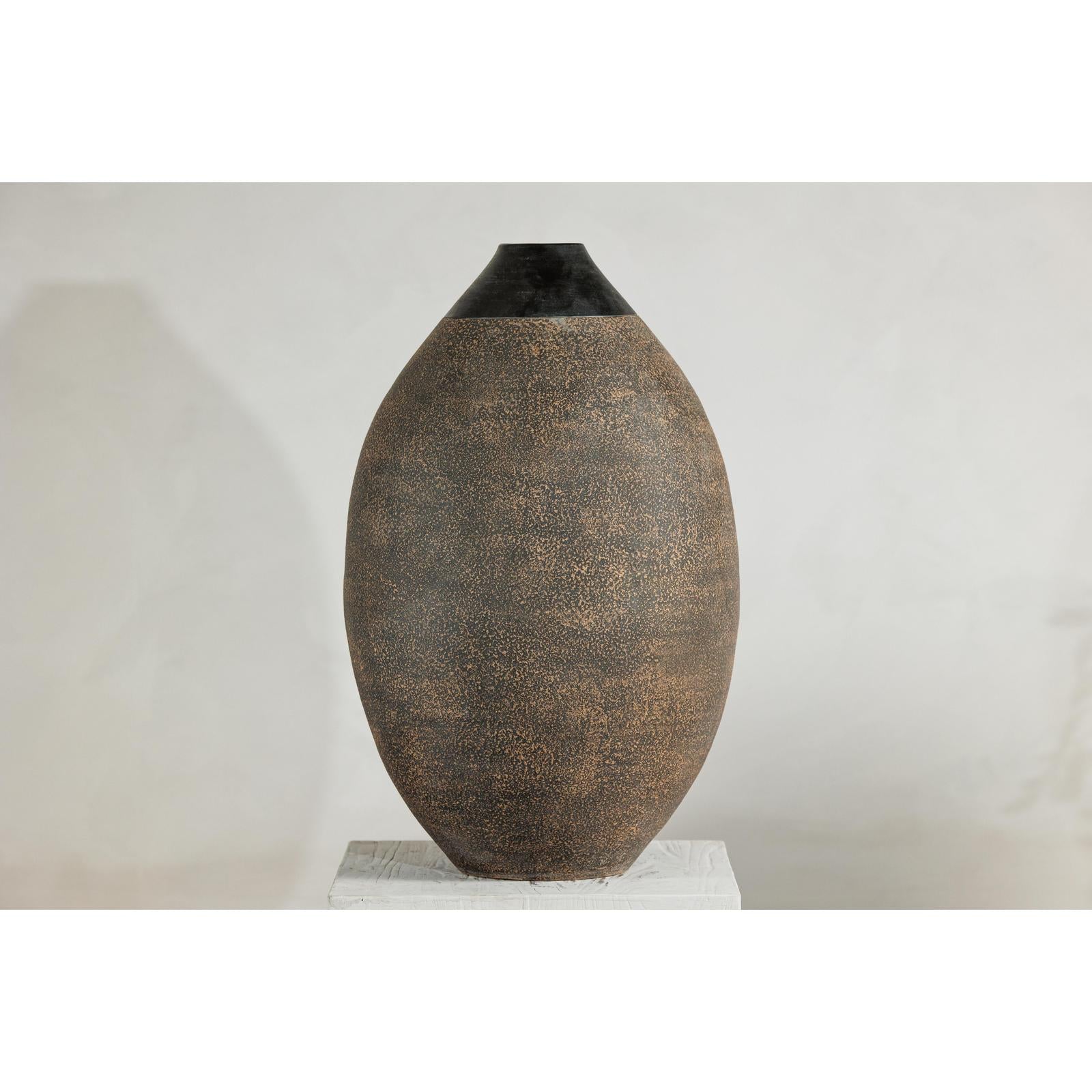 Large Artisan Ceramic Vase with Matte Black Neck and Textured Brown Body-2. Asian & Chinese Furniture, Art, Antiques, Vintage Home Décor for sale at FEA Home