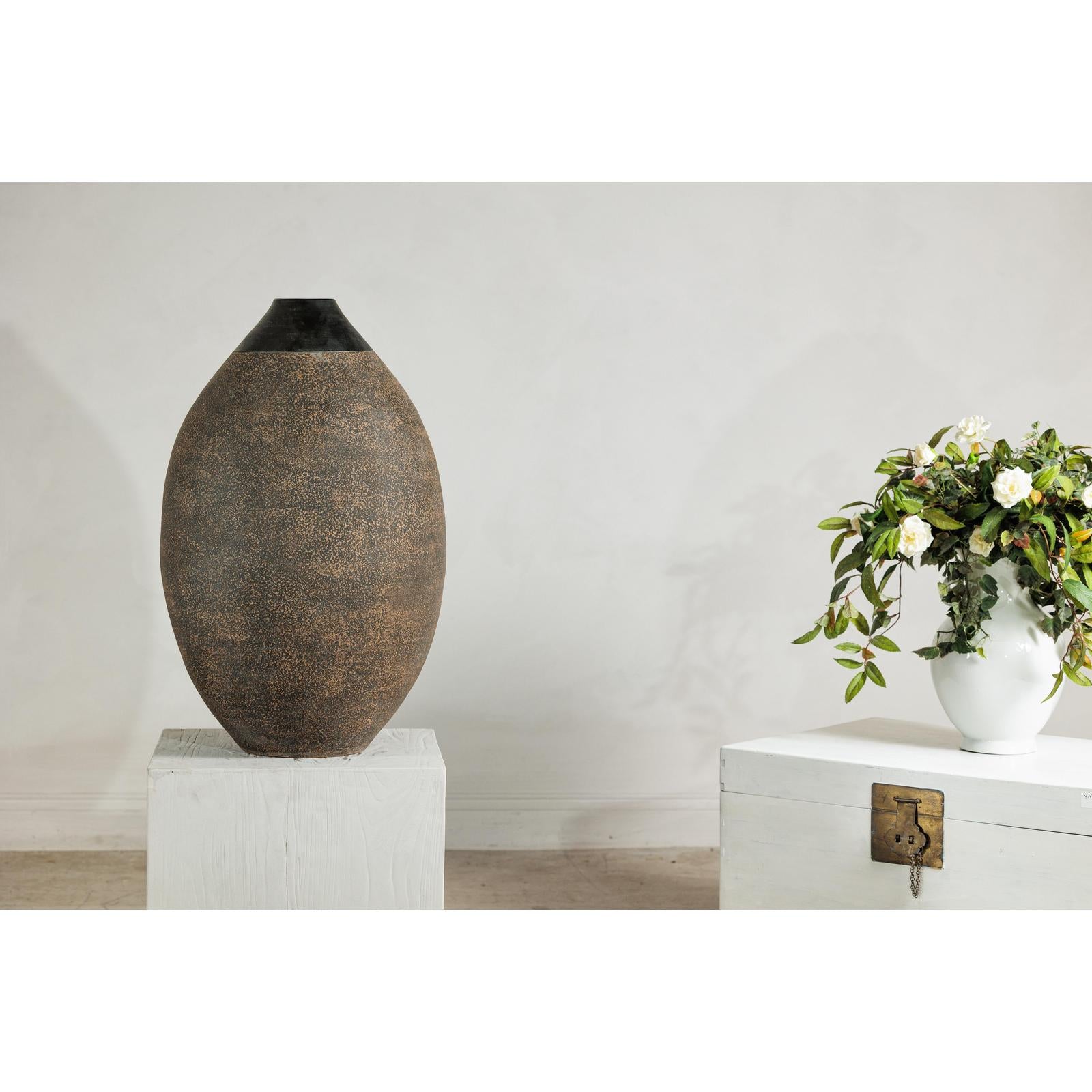 Large Artisan Ceramic Vase with Matte Black Neck and Textured Brown Body-3. Asian &amp; Chinese Furniture, Art, Antiques, Vintage Home Décor for sale at FEA Home