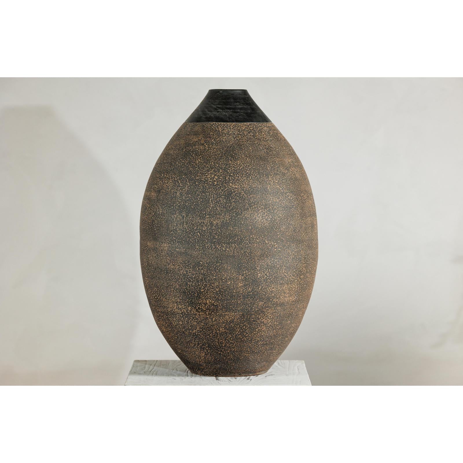Large Artisan Ceramic Vase with Matte Black Neck and Textured Brown Body-7. Asian &amp; Chinese Furniture, Art, Antiques, Vintage Home Décor for sale at FEA Home
