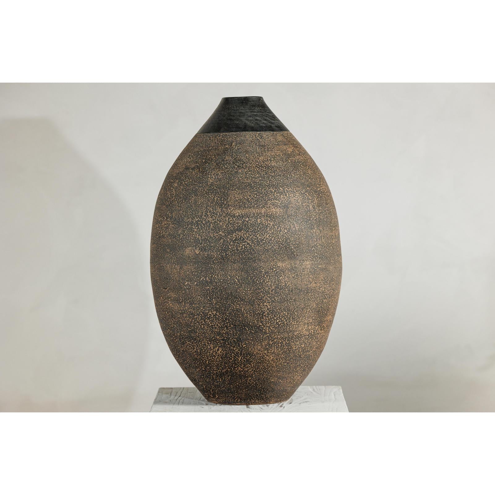 Large Artisan Ceramic Vase with Matte Black Neck and Textured Brown Body-8. Asian &amp; Chinese Furniture, Art, Antiques, Vintage Home Décor for sale at FEA Home