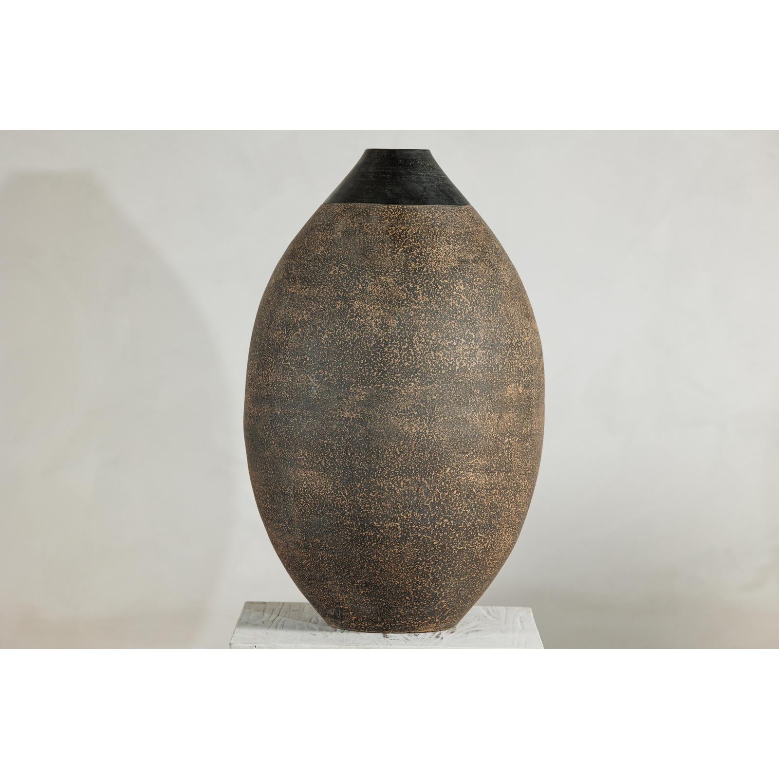 Large Artisan Ceramic Vase with Matte Black Neck and Textured Brown Body-9. Asian &amp; Chinese Furniture, Art, Antiques, Vintage Home Décor for sale at FEA Home