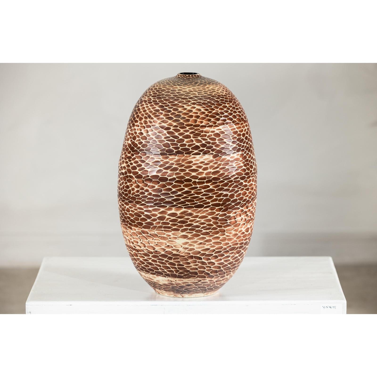 Large Artisan Ceramic Vase with Snakeskin Textured Glaze