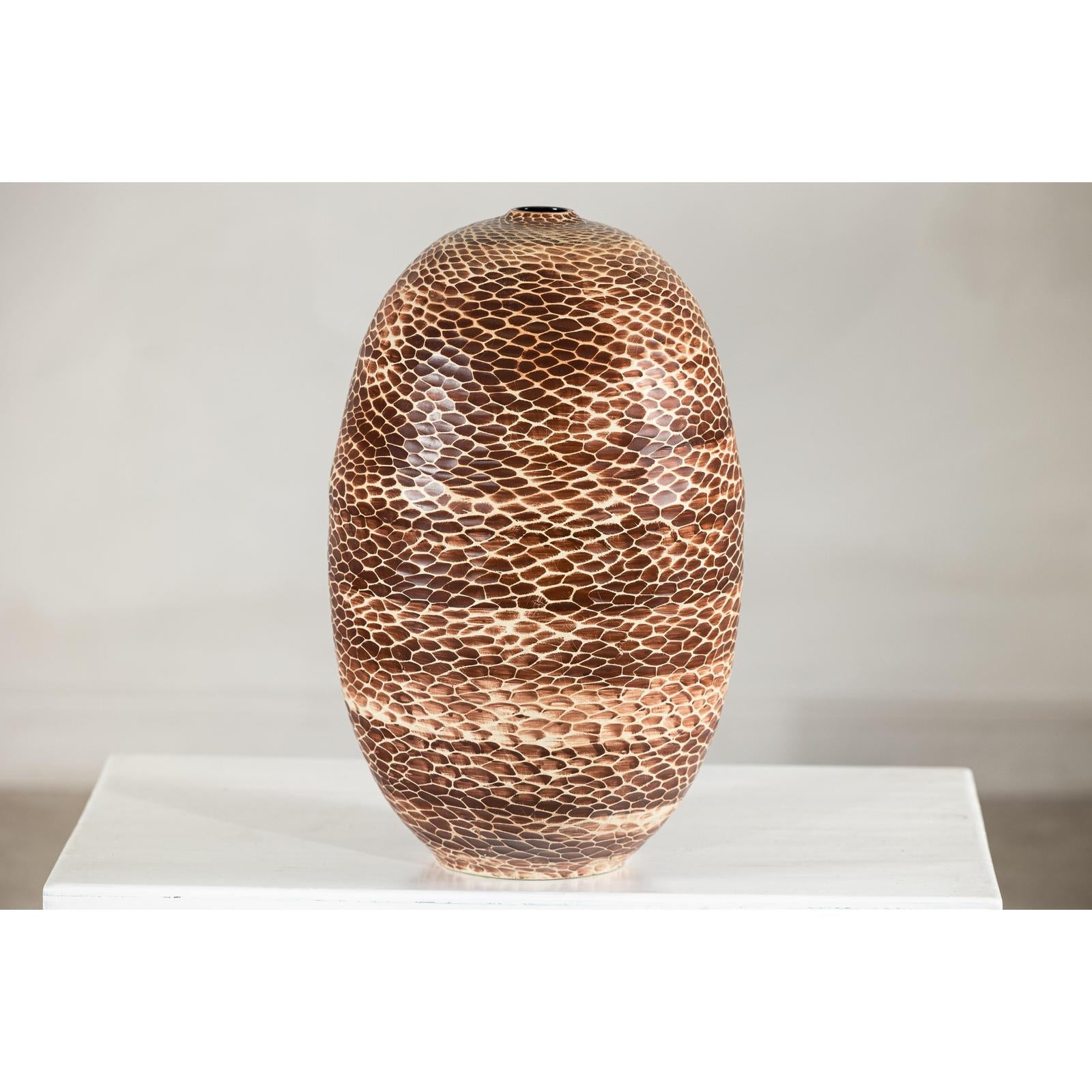Large Artisan Ceramic Vase with Snakeskin Textured Glaze