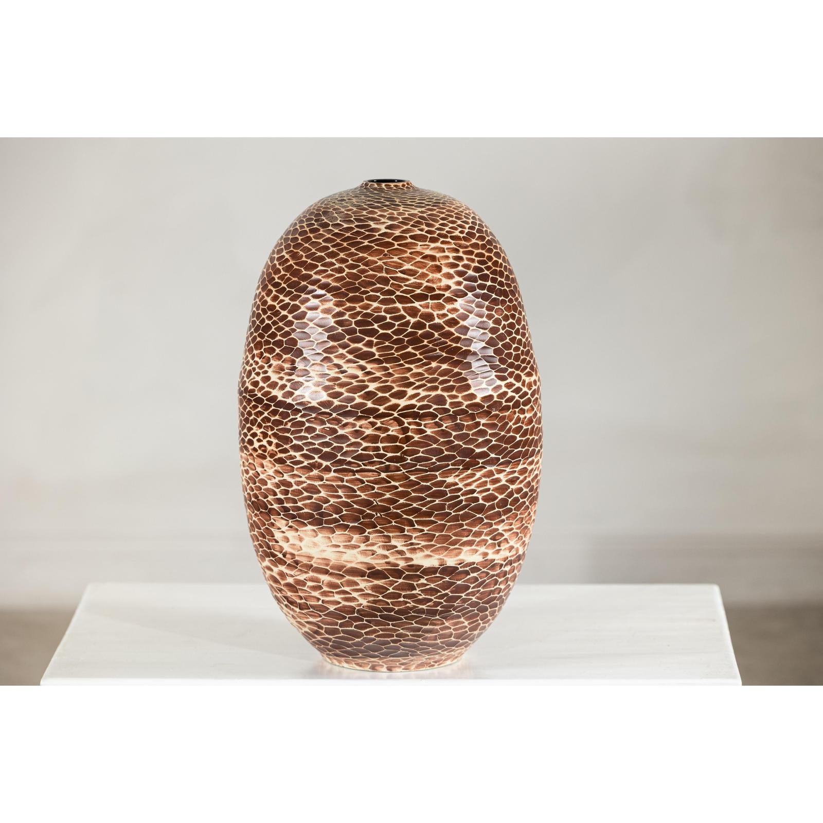 Large Artisan Ceramic Vase with Snakeskin Textured Glaze