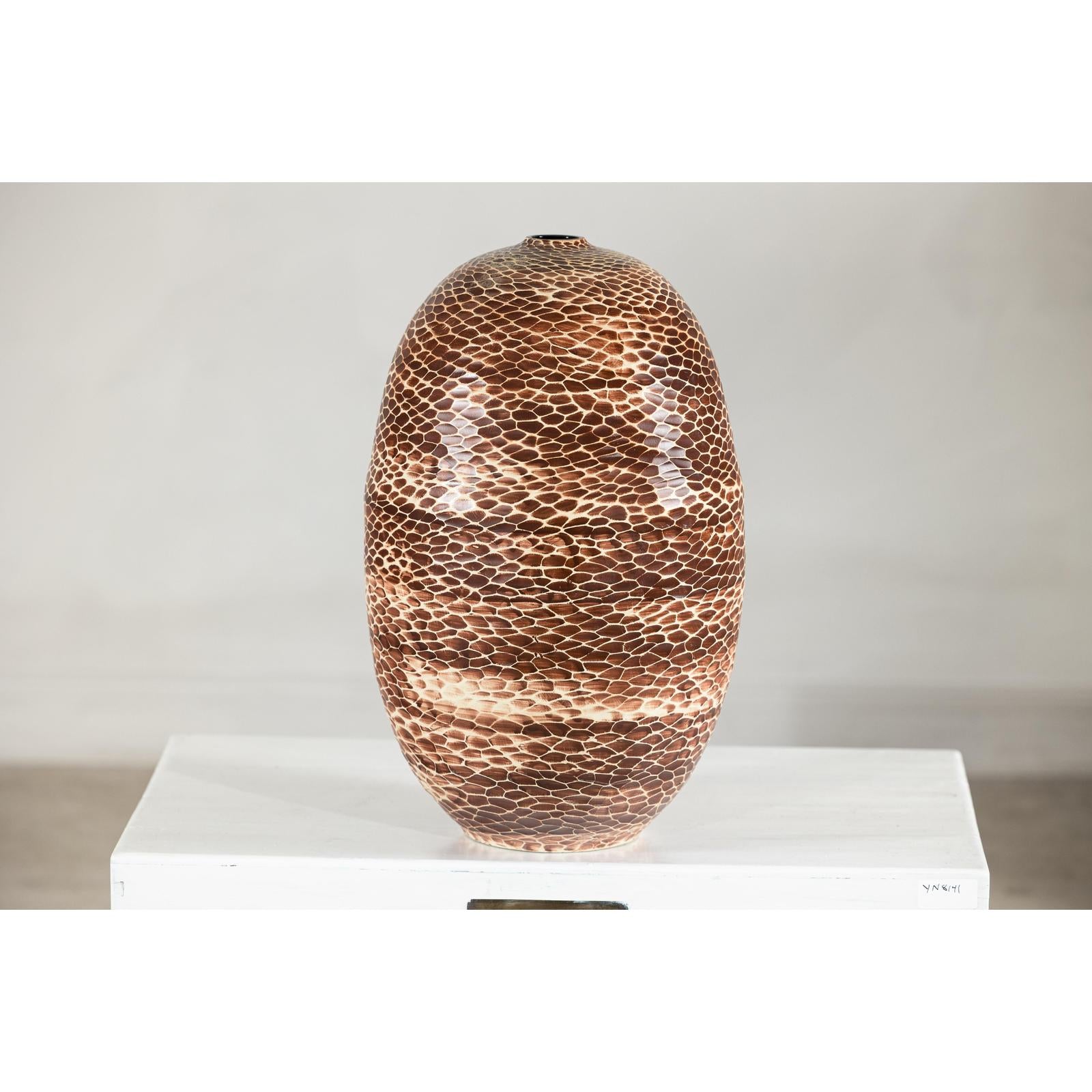 Large Artisan Ceramic Vase with Snakeskin Textured Glaze