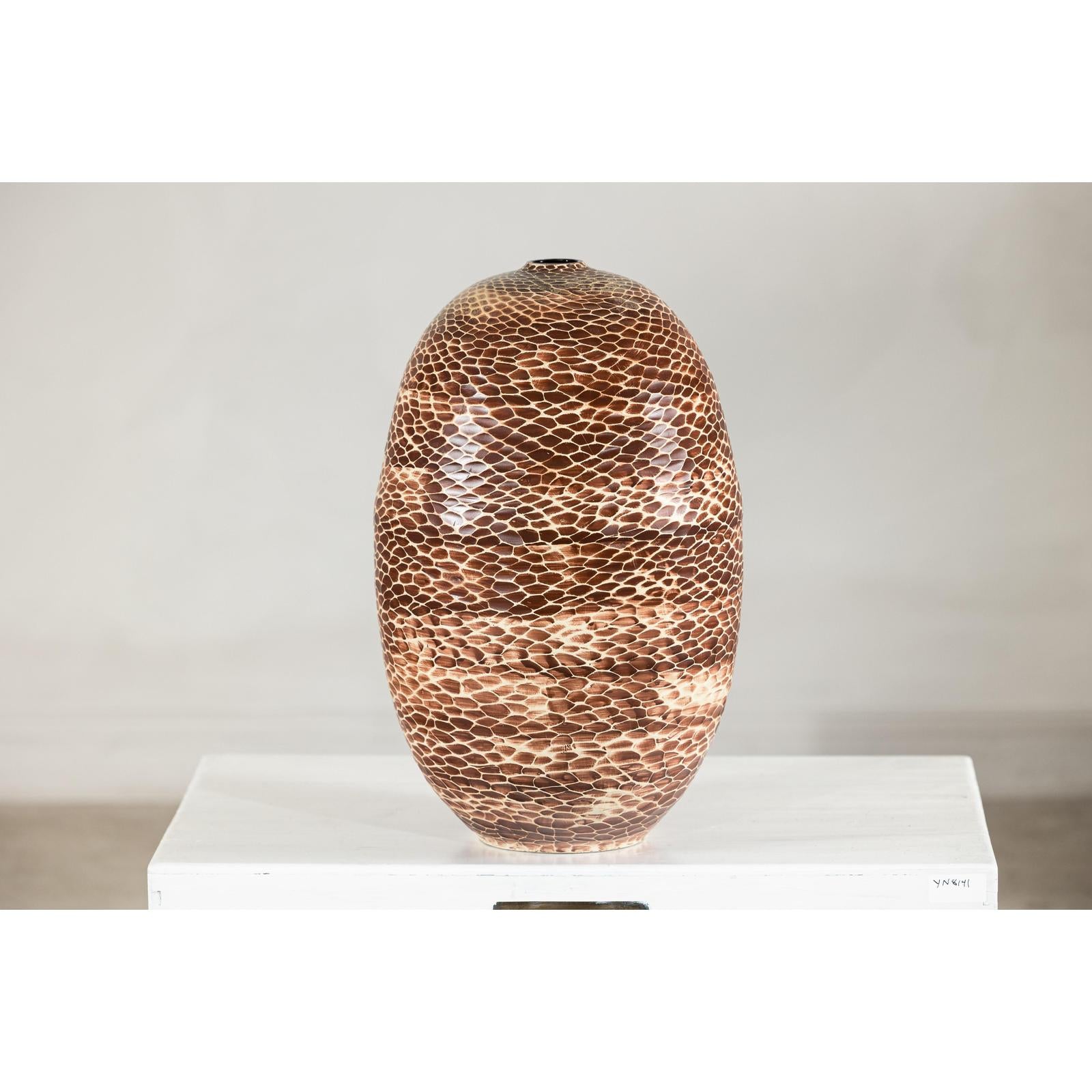 Large Artisan Ceramic Vase with Snakeskin Textured Glaze