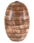 Brown and beige ceramic vase with snakeskin-textured glaze, close-up.
