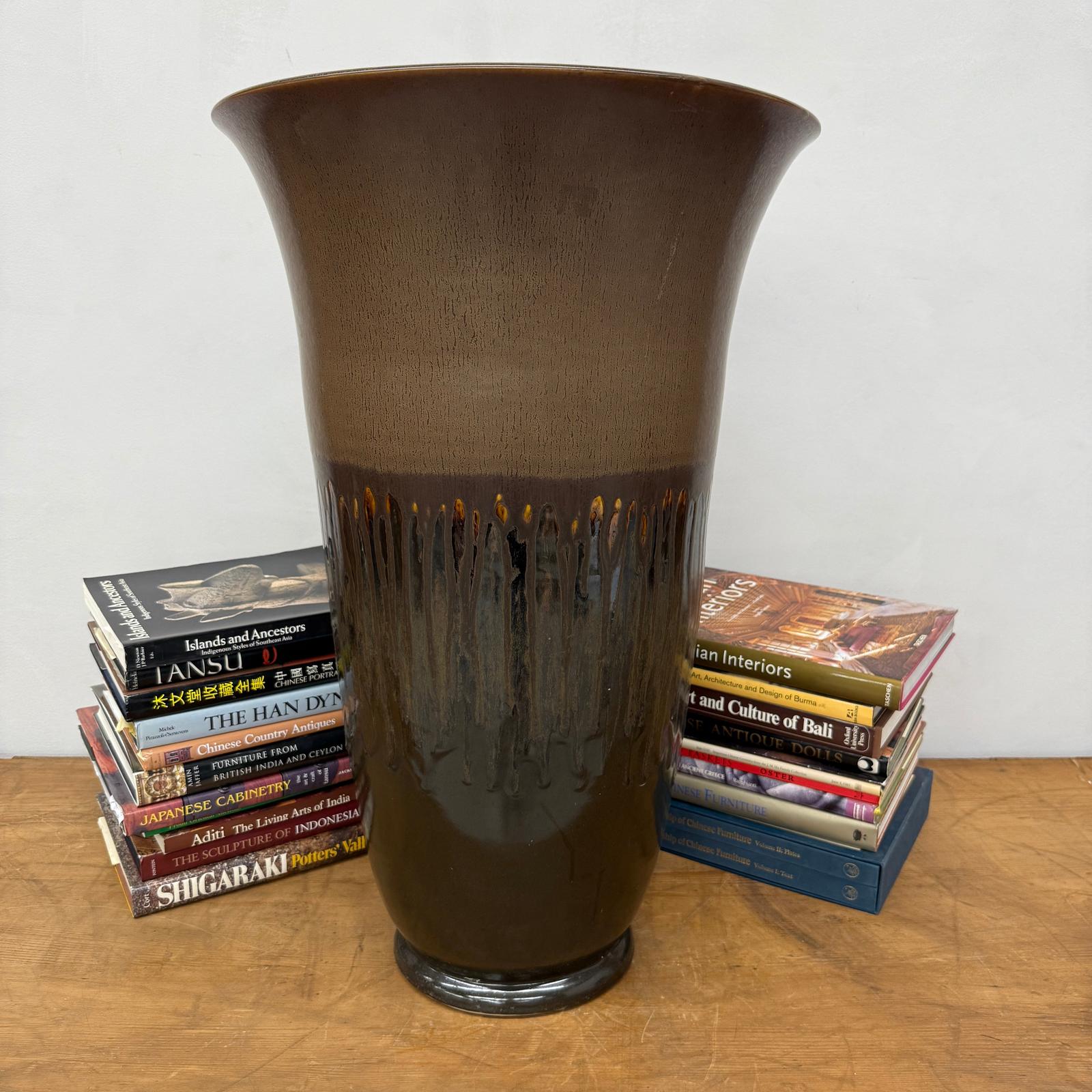 Large Brown Ceramic Vase with Charcoal and Amber Drip Glaze, SKU , image 2
