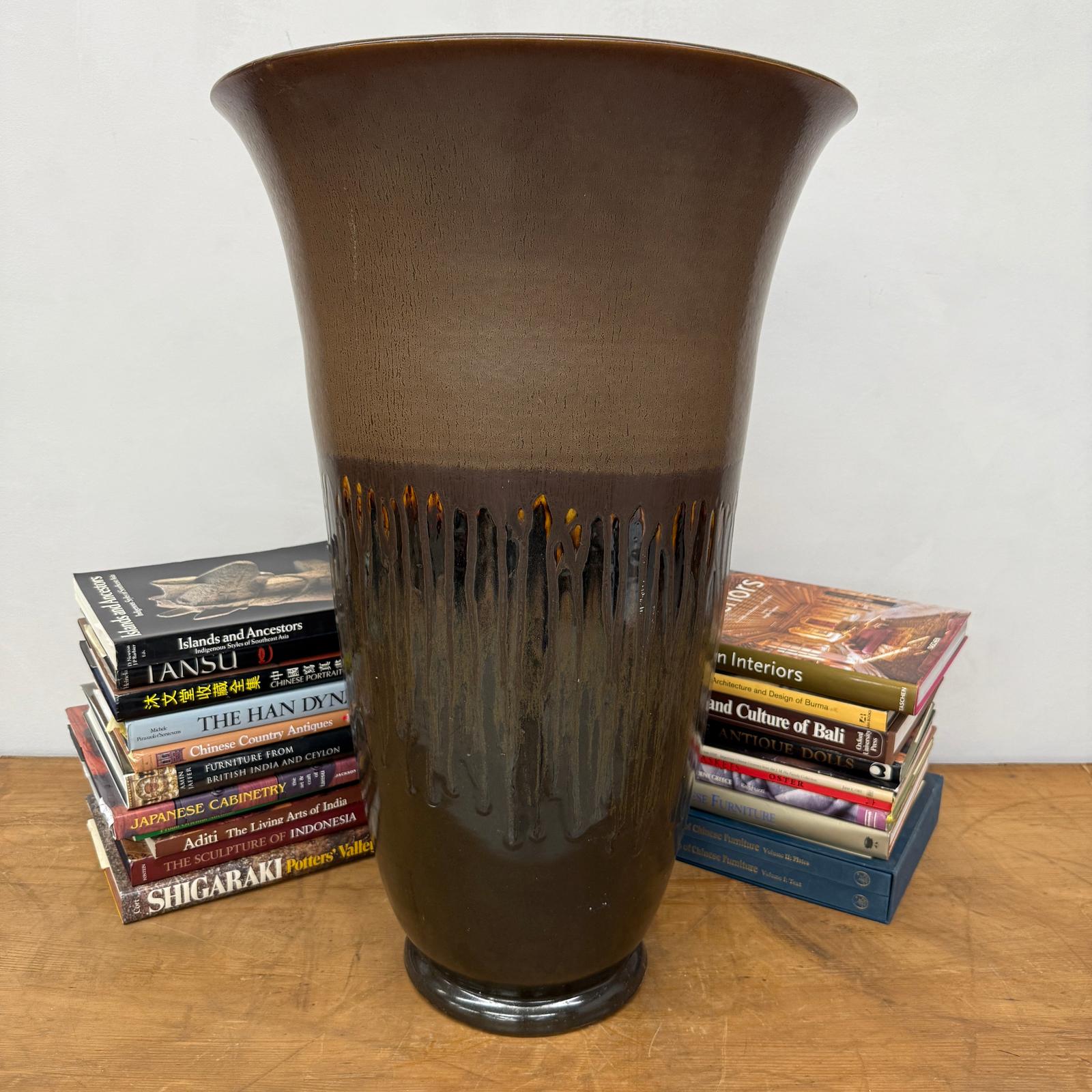 Large Brown Ceramic Vase with Charcoal and Amber Drip Glaze, SKU , image 3