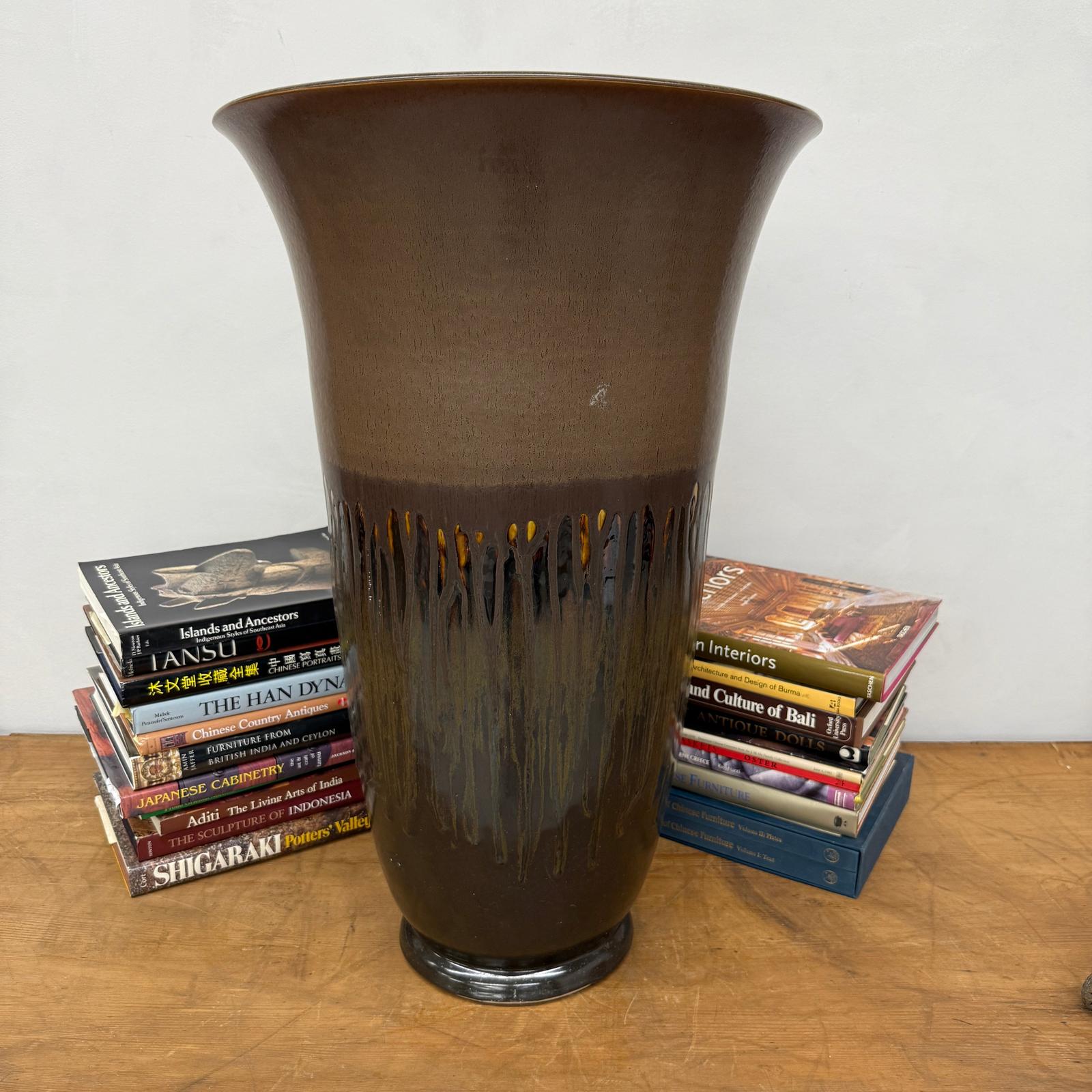 Large Brown Ceramic Vase with Charcoal and Amber Drip Glaze, SKU , image 4