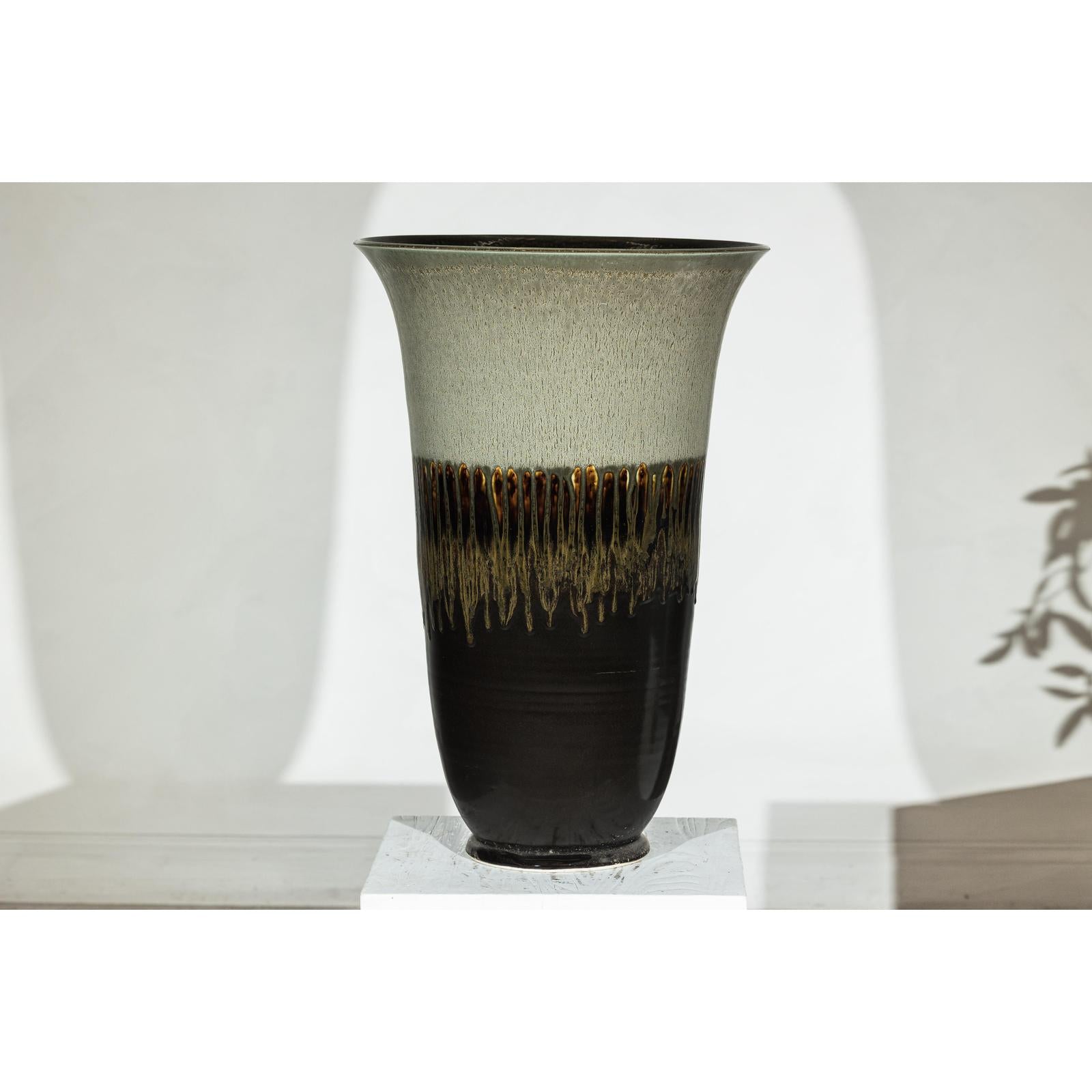 Large Ceramic Planter with Green-Grey &amp; Brown Drip Glaze
