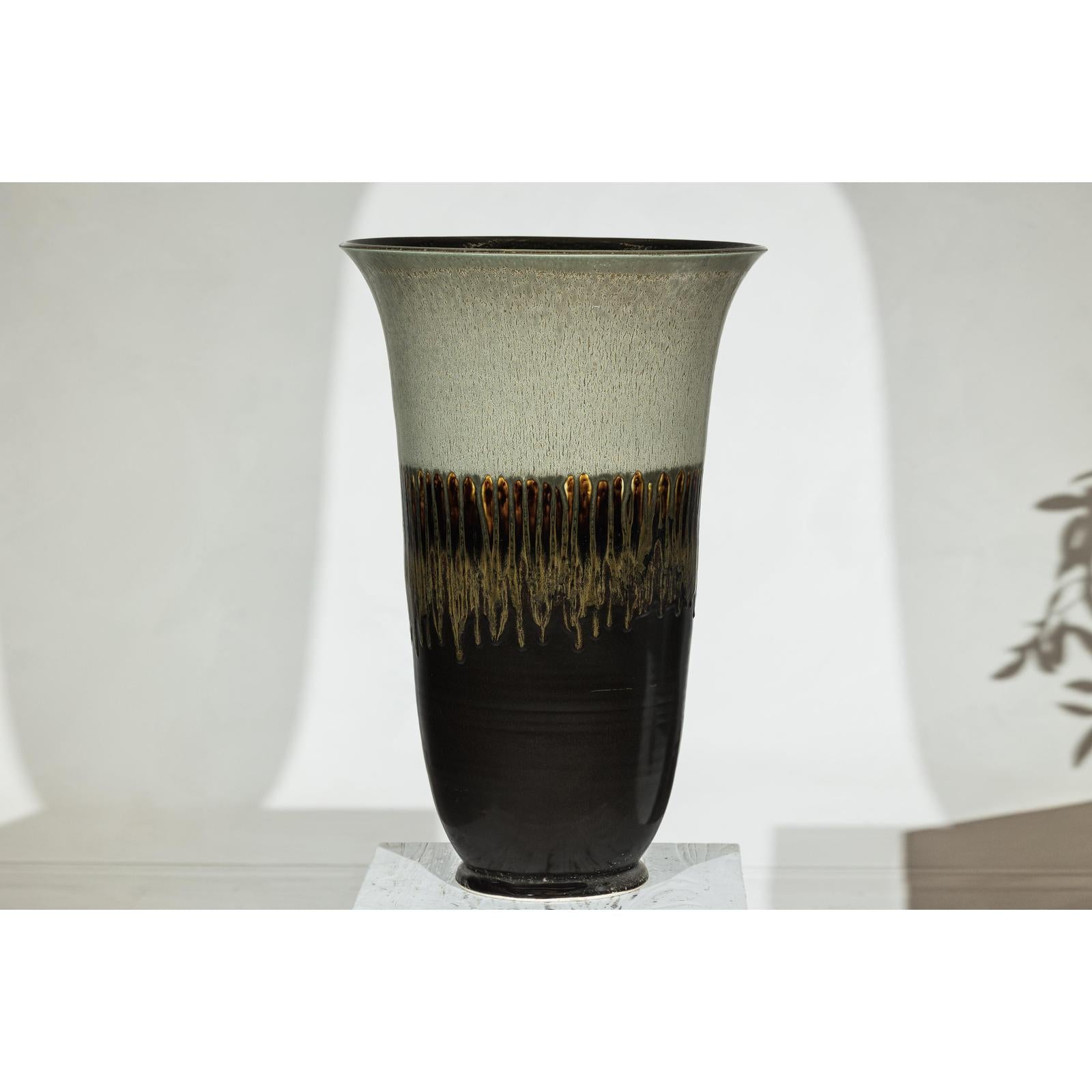 Large Ceramic Planter with Green-Grey &amp; Brown Drip Glaze