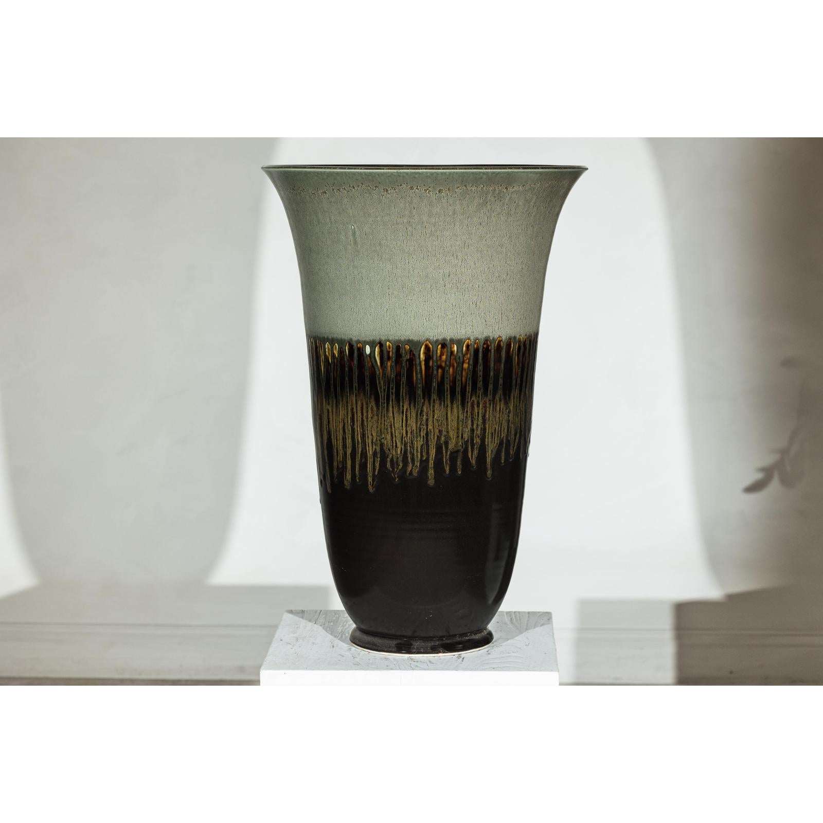 Large Ceramic Planter with Green-Grey &amp; Brown Drip Glaze