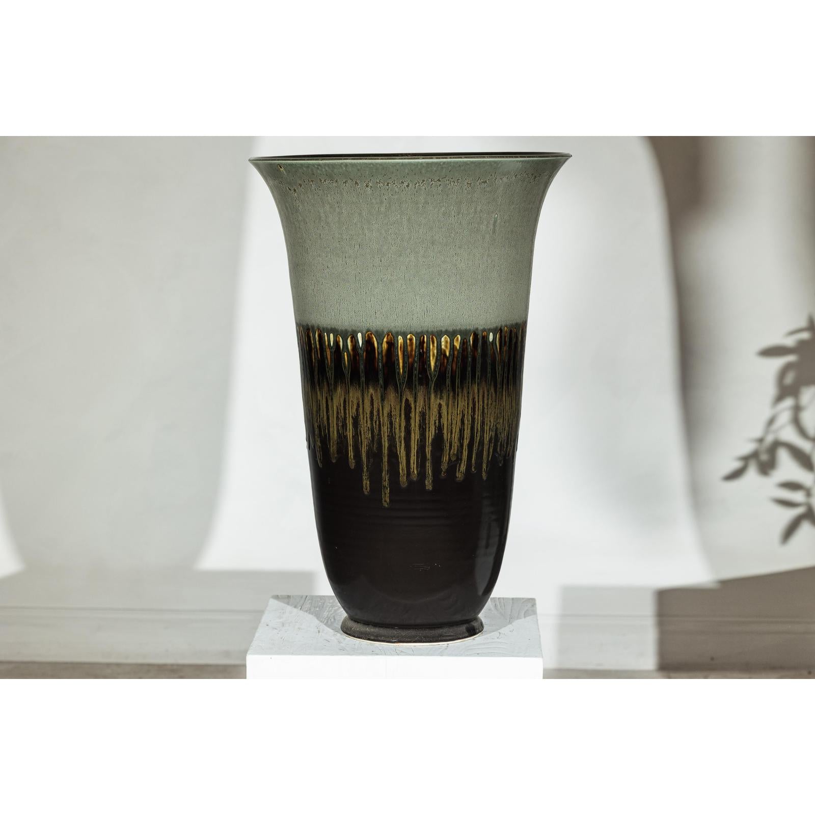 Large Ceramic Planter with Green-Grey &amp; Brown Drip Glaze