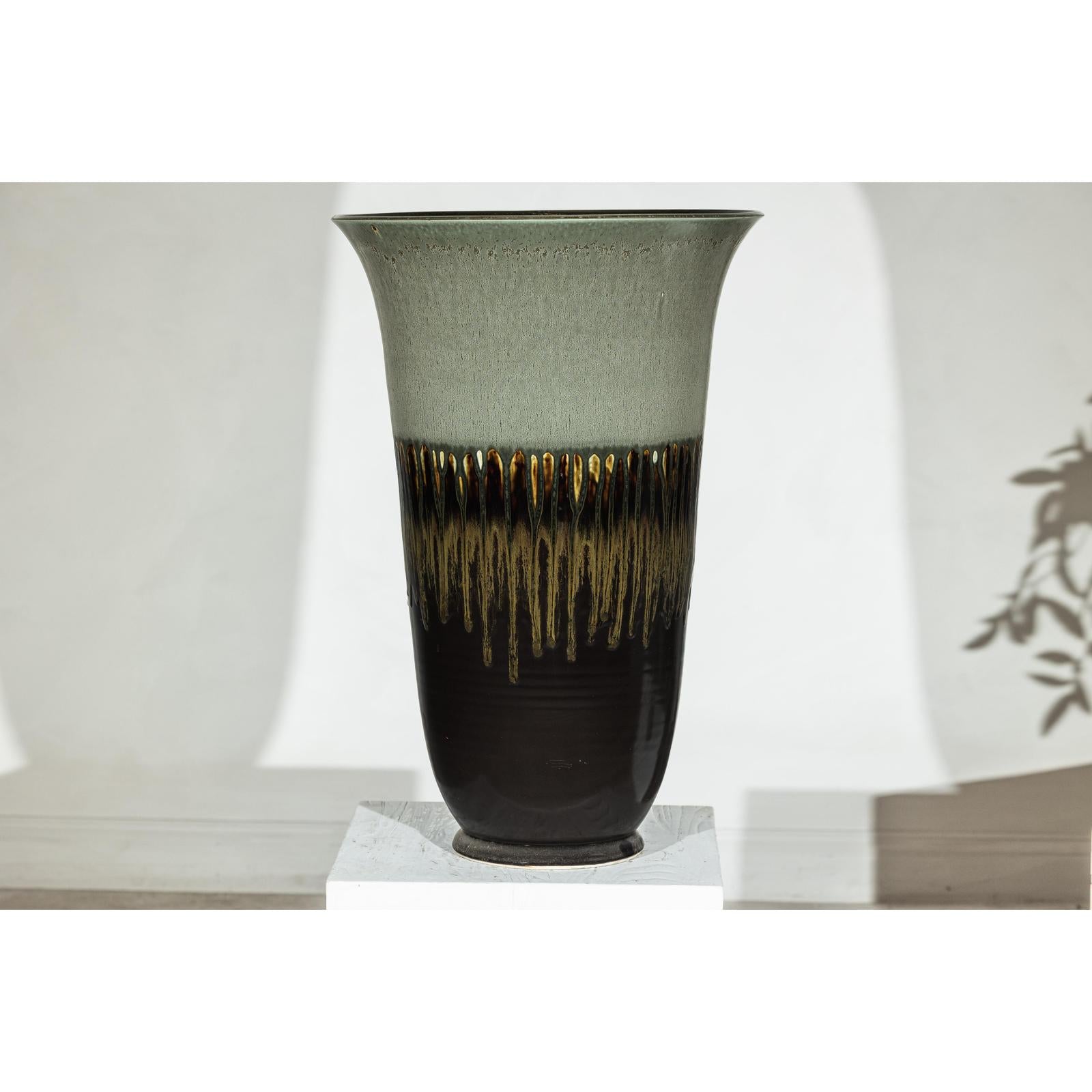 Large Ceramic Planter with Green-Grey &amp; Brown Drip Glaze