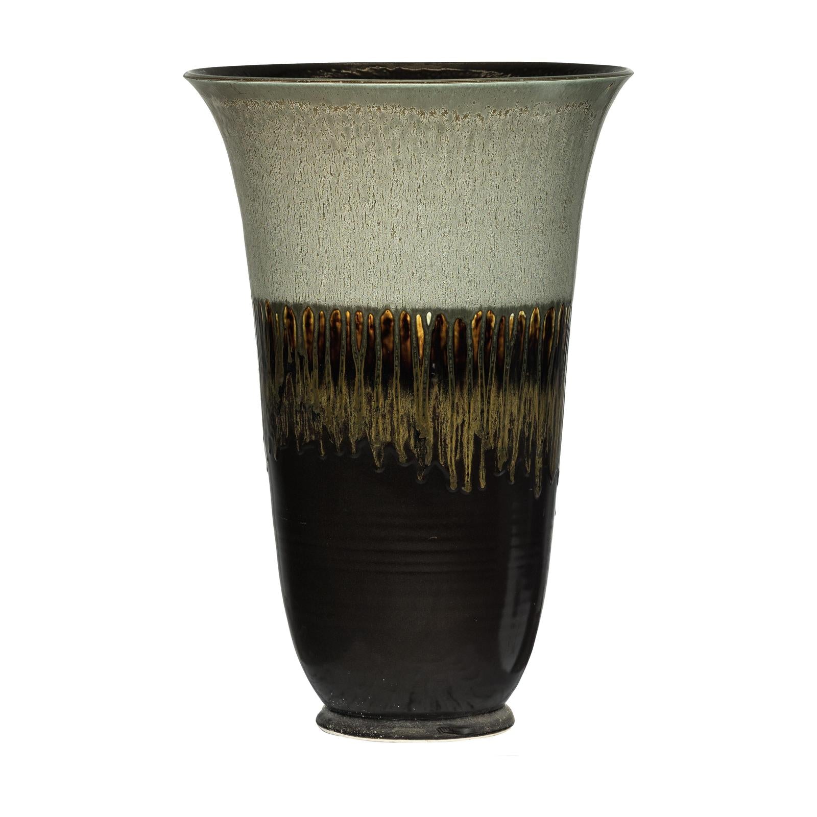 Large Ceramic Planter with Green-Grey &amp; Brown Drip Glaze