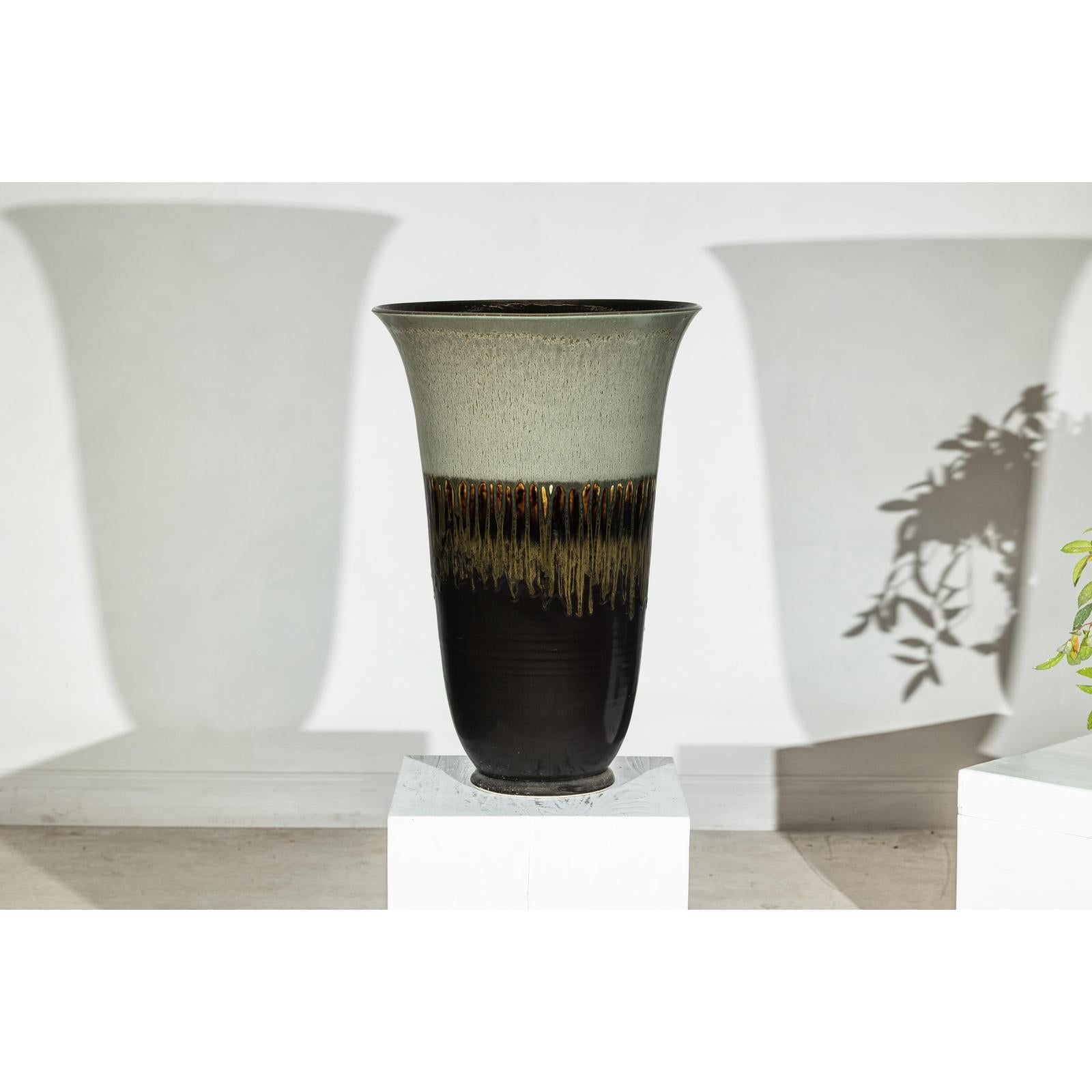 Large Ceramic Planter with Green-Grey &amp; Brown Drip Glaze