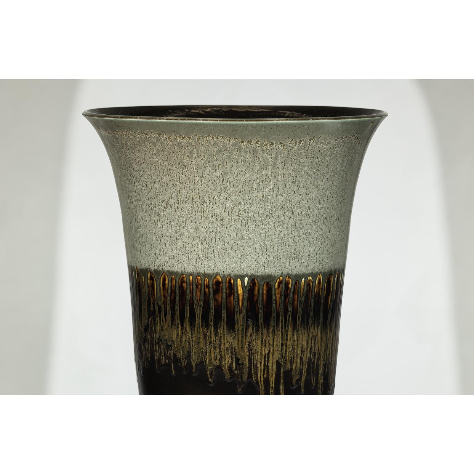 Large Ceramic Planter with Green-Grey &amp; Brown Drip Glaze