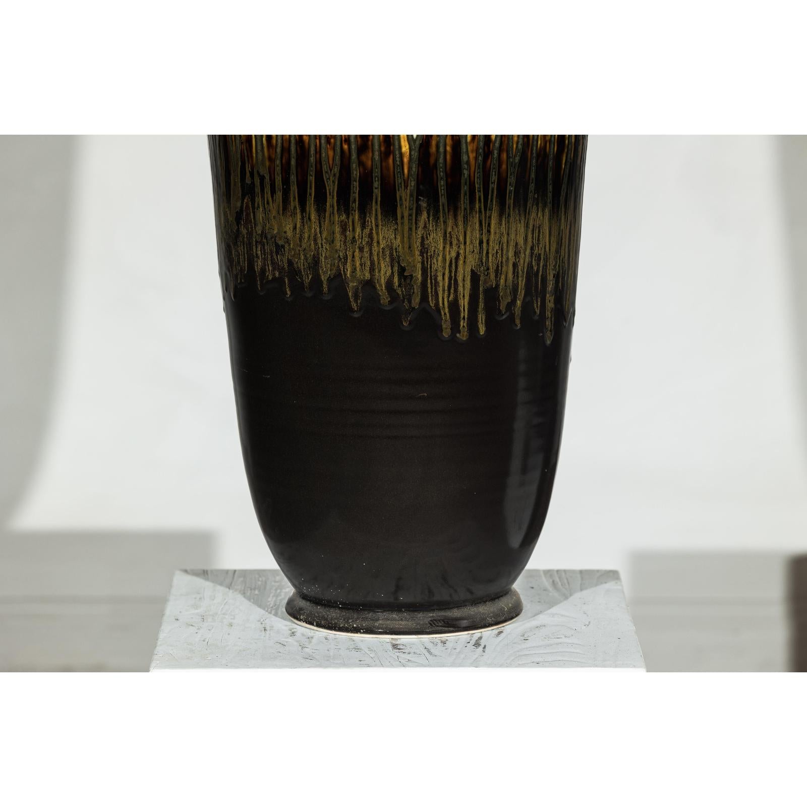 Large Ceramic Planter with Green-Grey &amp; Brown Drip Glaze